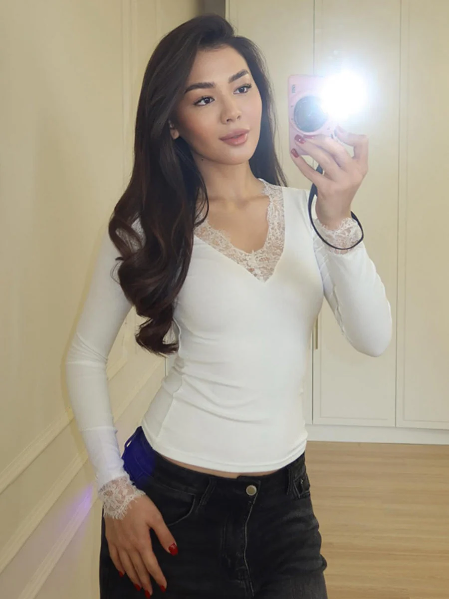 V-neck Lace Trim Waist T-shirts - Image 2