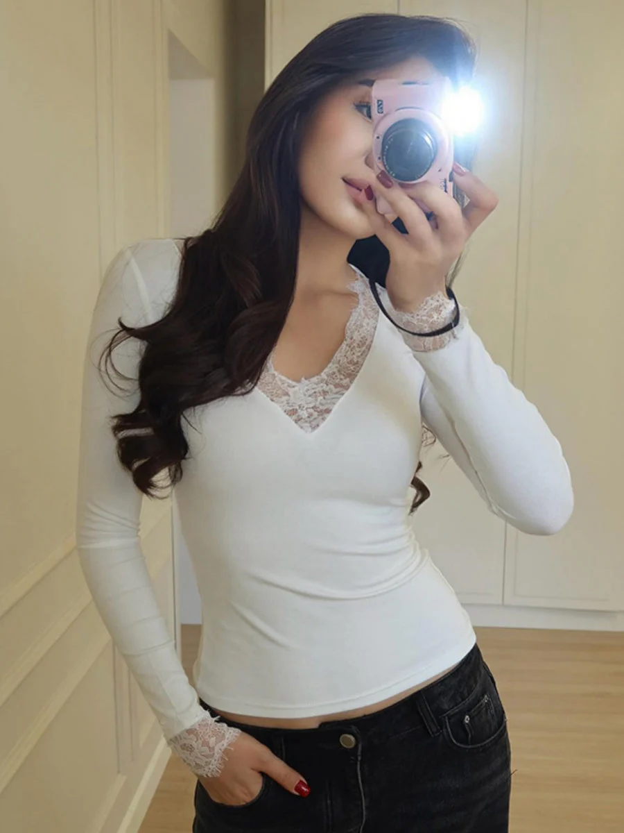 V-neck Lace Trim Waist T-shirts - Image 7