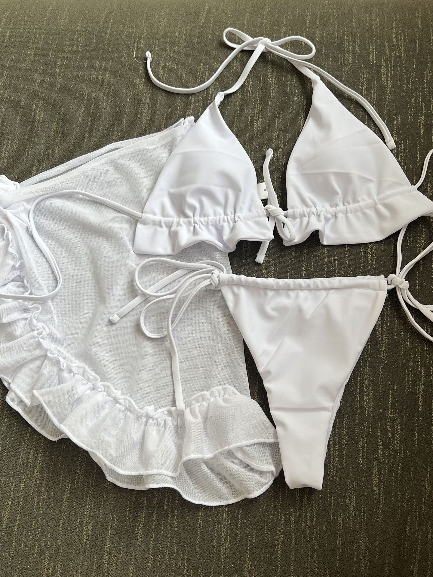 Mesh Skirt With Ruffled Trim, Solid Color Bikini Three-piece Set - Image 11