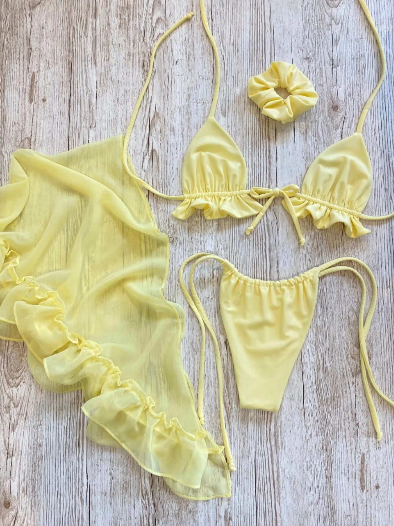 Mesh Skirt With Ruffled Trim, Solid Color Bikini Three-piece Set - Image 4