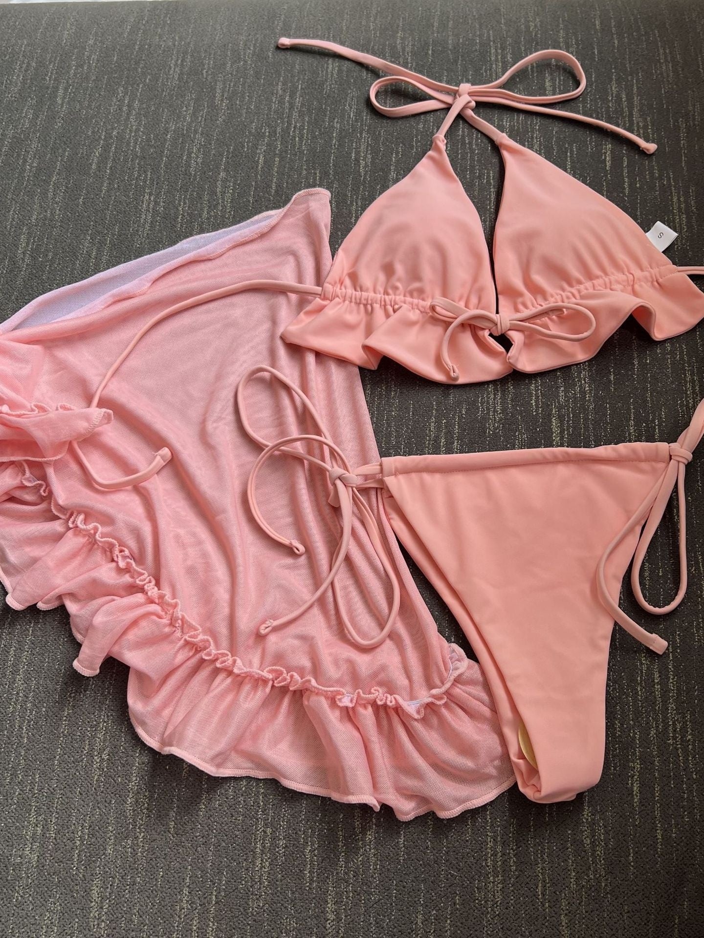 Mesh Skirt With Ruffled Trim, Solid Color Bikini Three-piece Set - Image 7