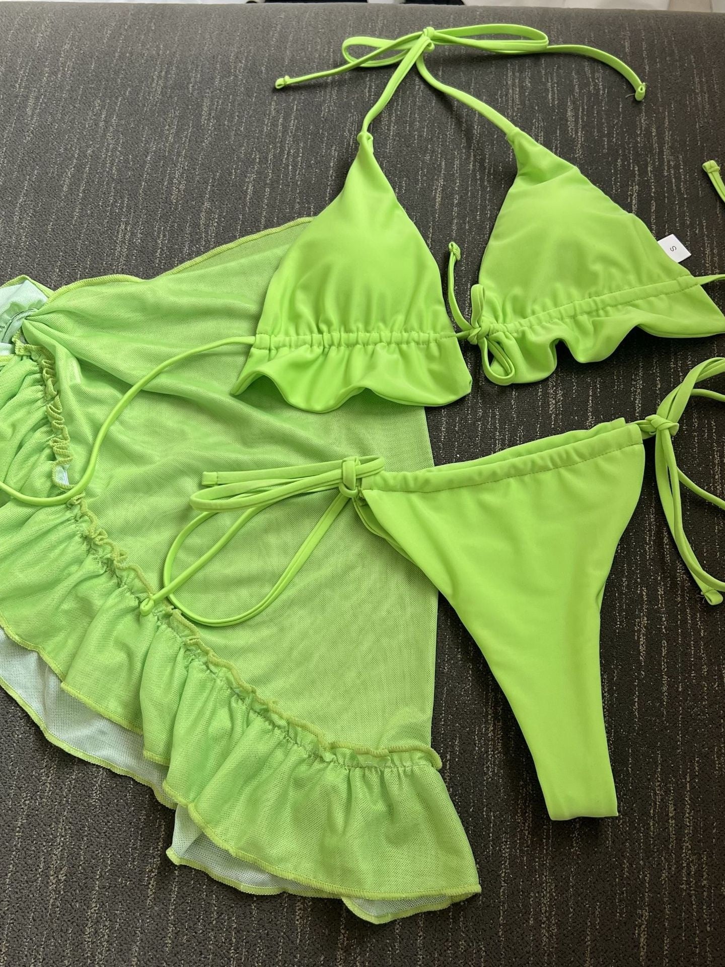 Mesh Skirt With Ruffled Trim, Solid Color Bikini Three-piece Set - Image 9