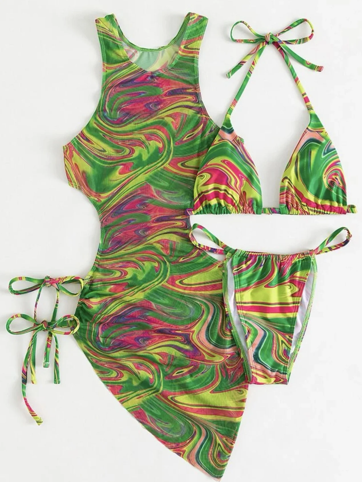 Hollow-out Drawstring Swimsuit Bikini Beach Cover-up Three-piece Set - Image 10