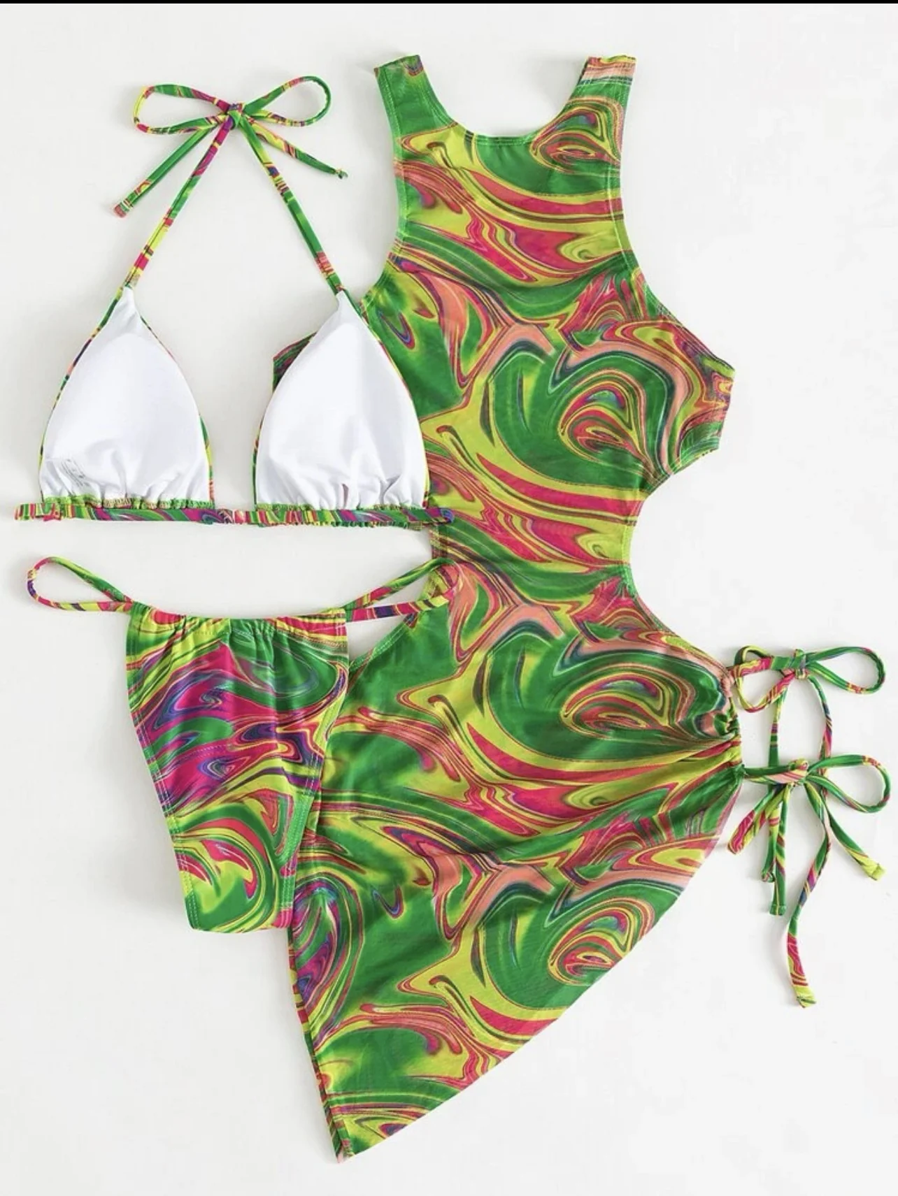 Hollow-out Drawstring Swimsuit Bikini Beach Cover-up Three-piece Set - Image 11