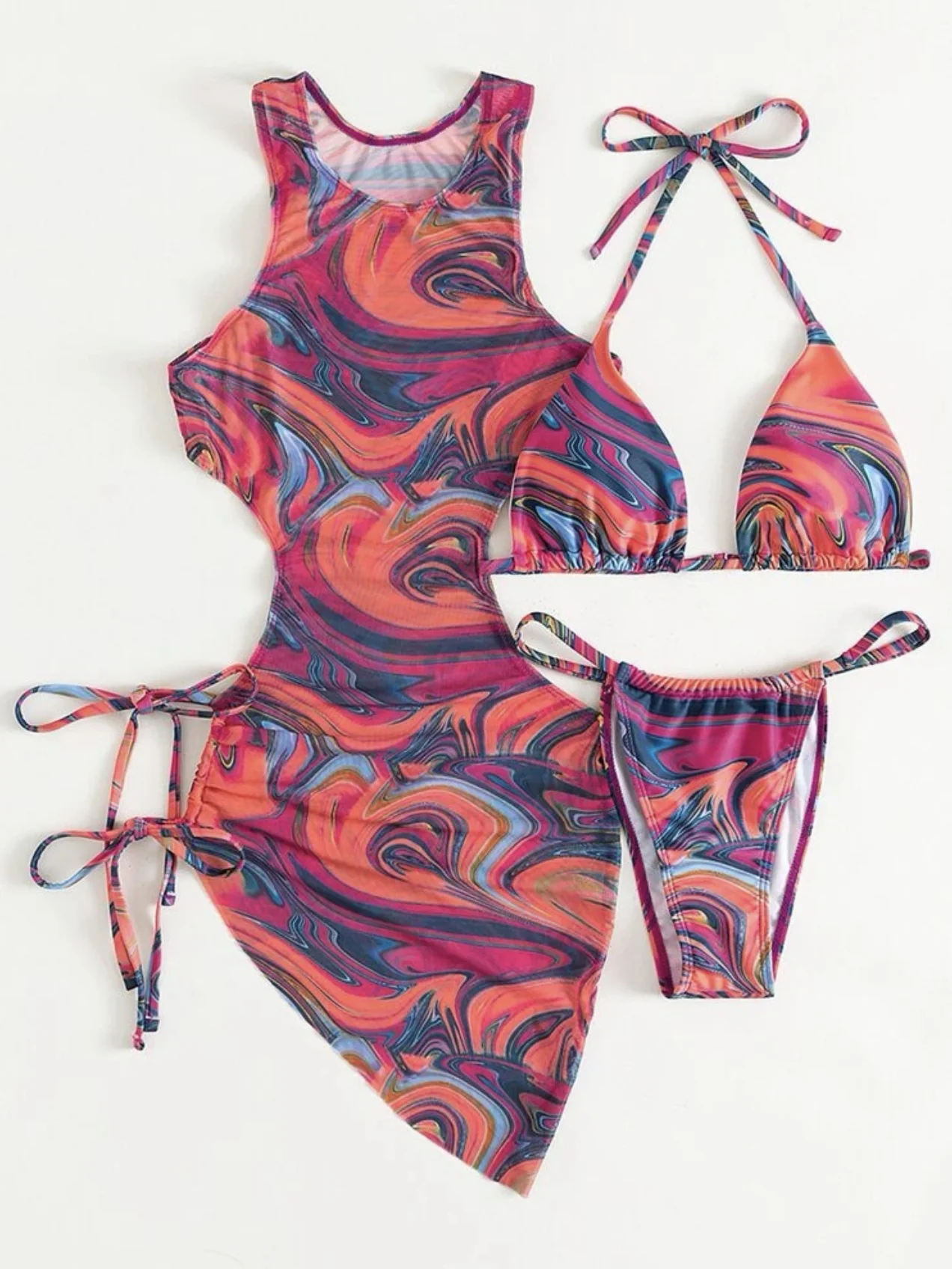 Hollow-out Drawstring Swimsuit Bikini Beach Cover-up Three-piece Set - Image 14
