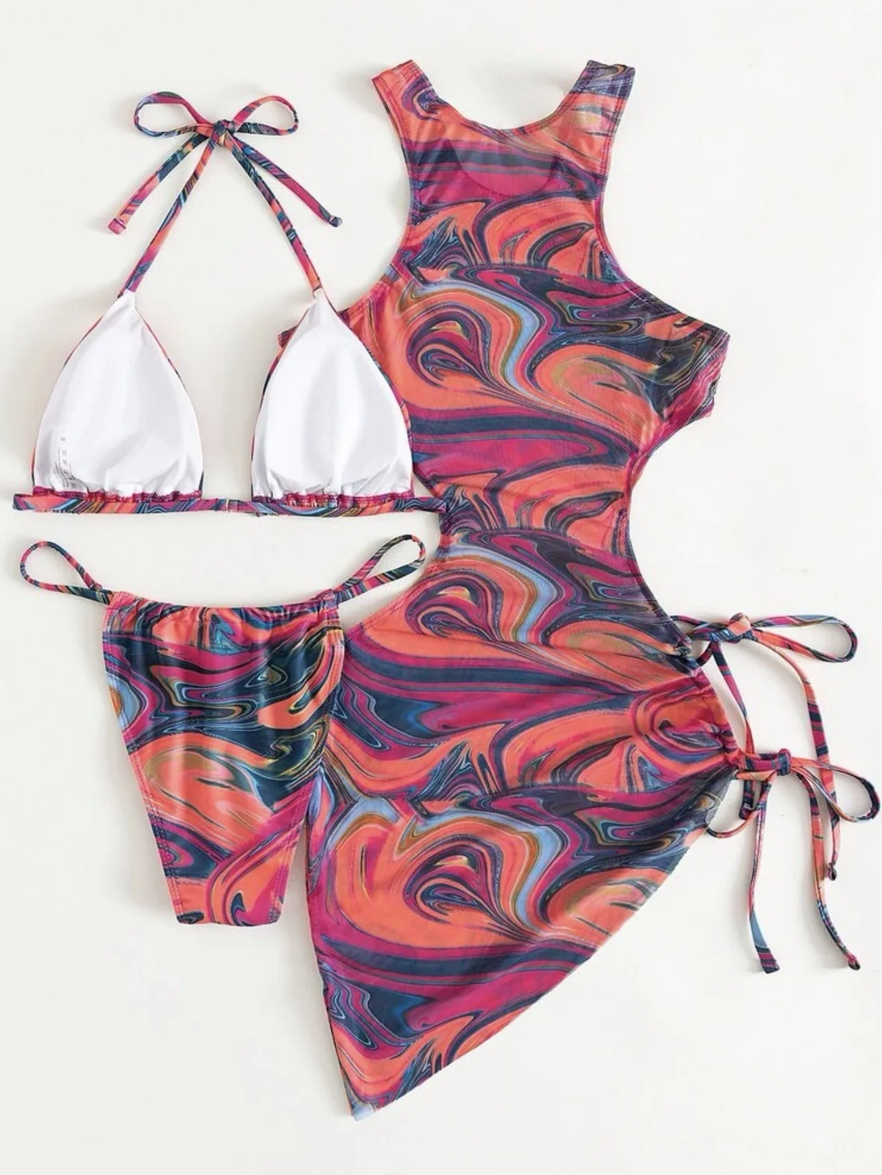 Hollow-out Drawstring Swimsuit Bikini Beach Cover-up Three-piece Set - Image 15