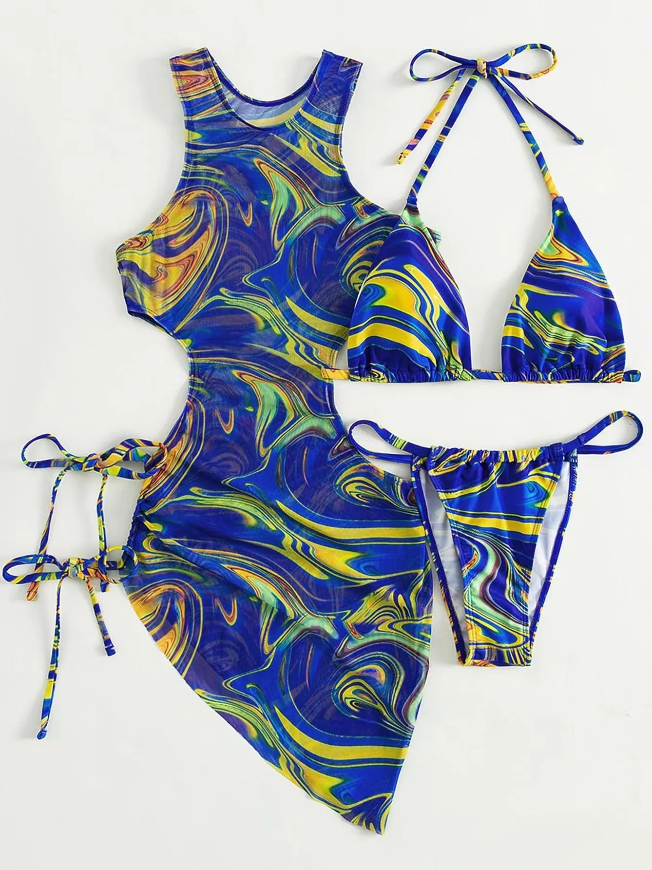Hollow-out Drawstring Swimsuit Bikini Beach Cover-up Three-piece Set - Image 18