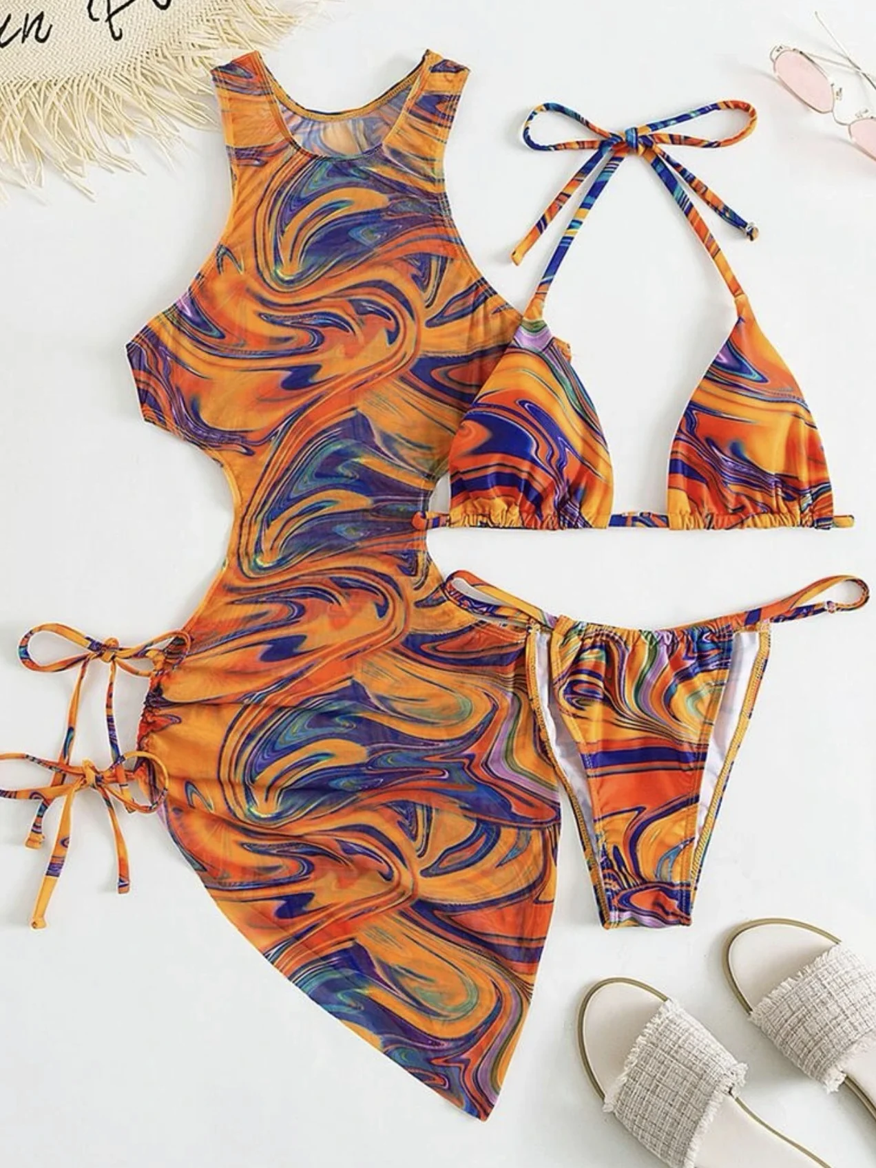 Hollow-out Drawstring Swimsuit Bikini Beach Cover-up Three-piece Set - Image 2