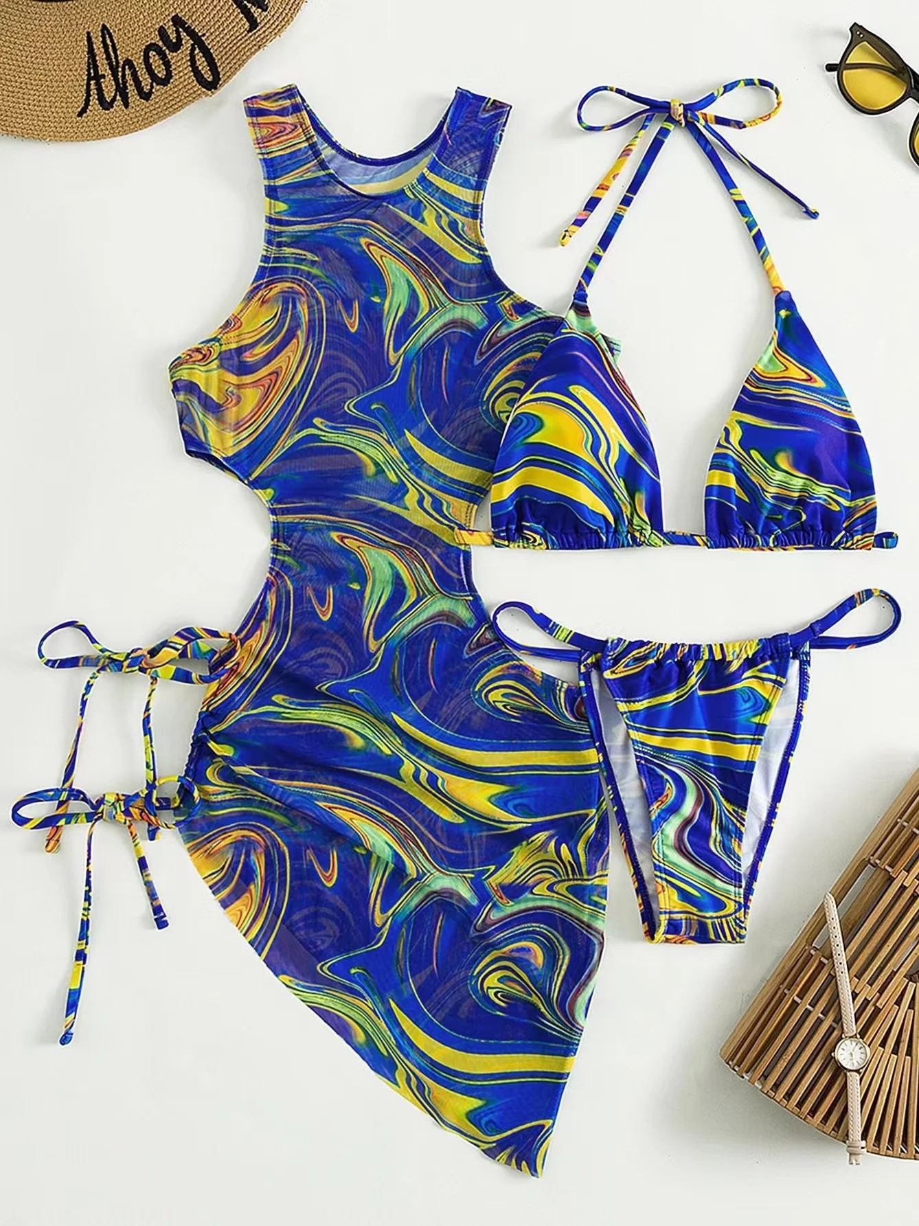 Hollow-out Drawstring Swimsuit Bikini Beach Cover-up Three-piece Set - Image 20
