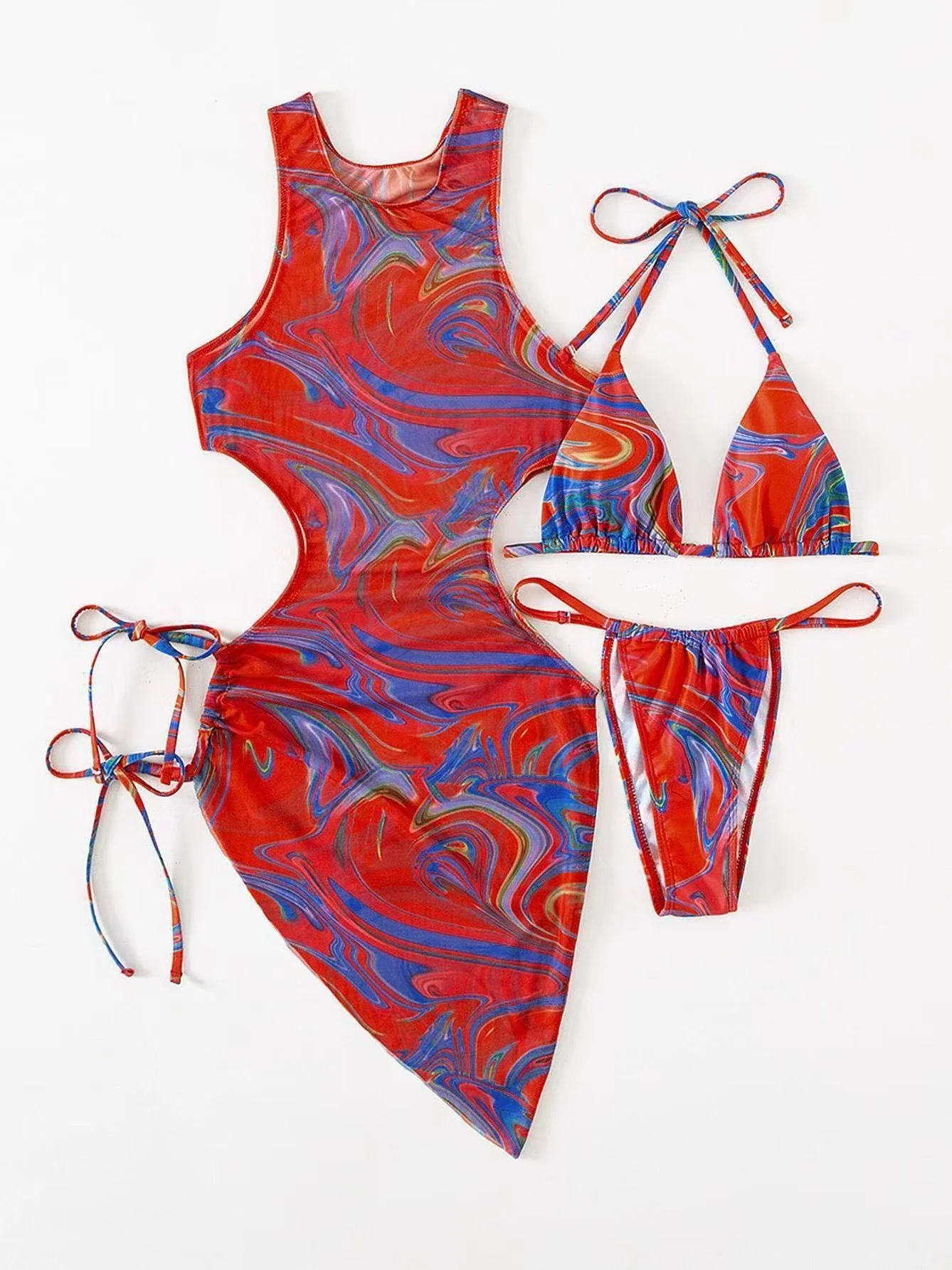 Hollow-out Drawstring Swimsuit Bikini Beach Cover-up Three-piece Set - Image 23