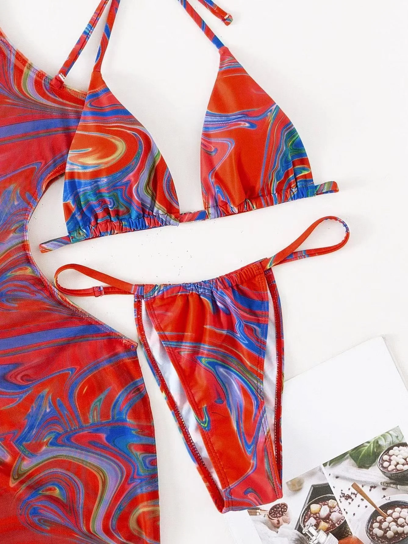 Hollow-out Drawstring Swimsuit Bikini Beach Cover-up Three-piece Set - Image 24