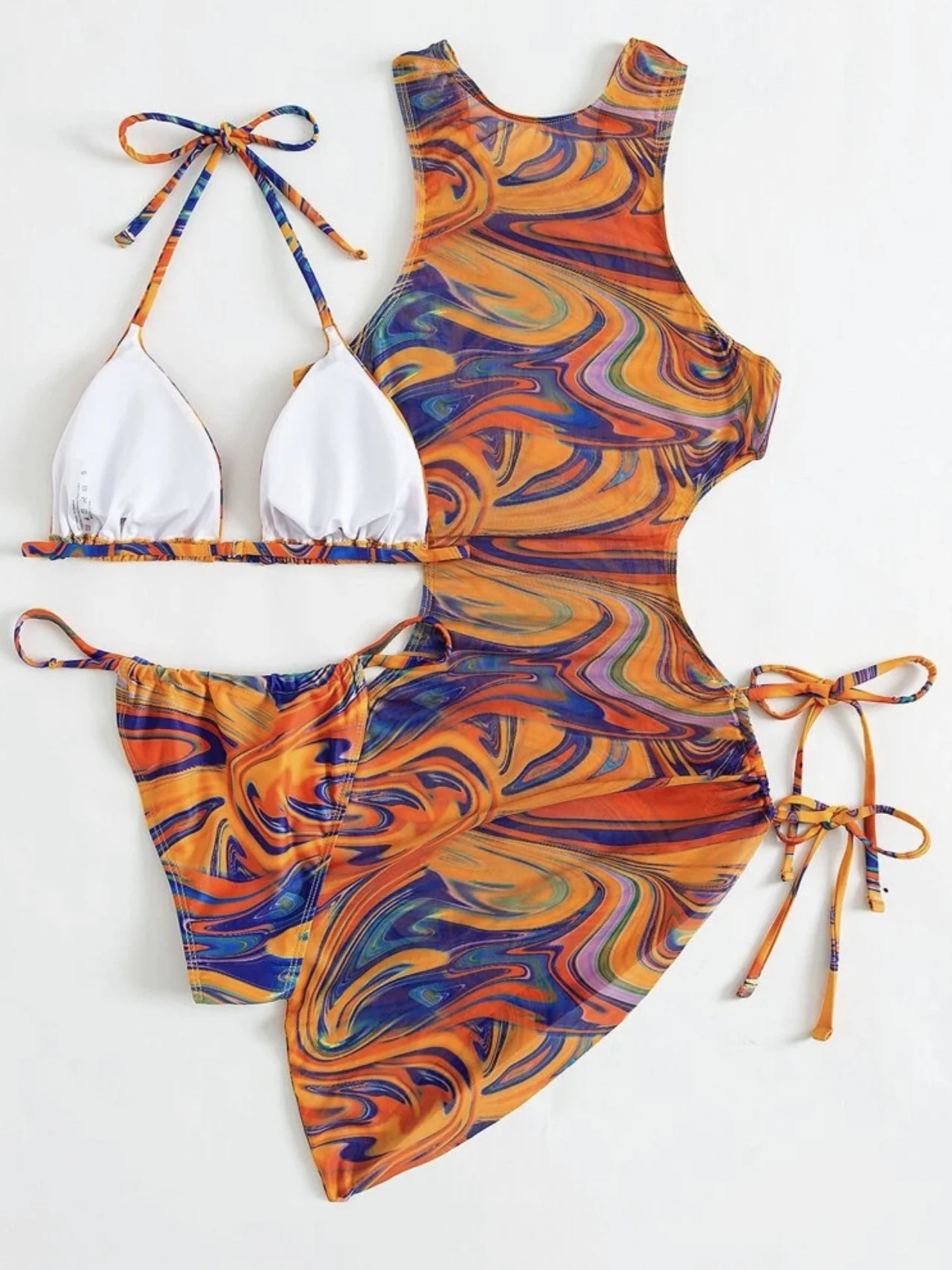 Hollow-out Drawstring Swimsuit Bikini Beach Cover-up Three-piece Set - Image 4