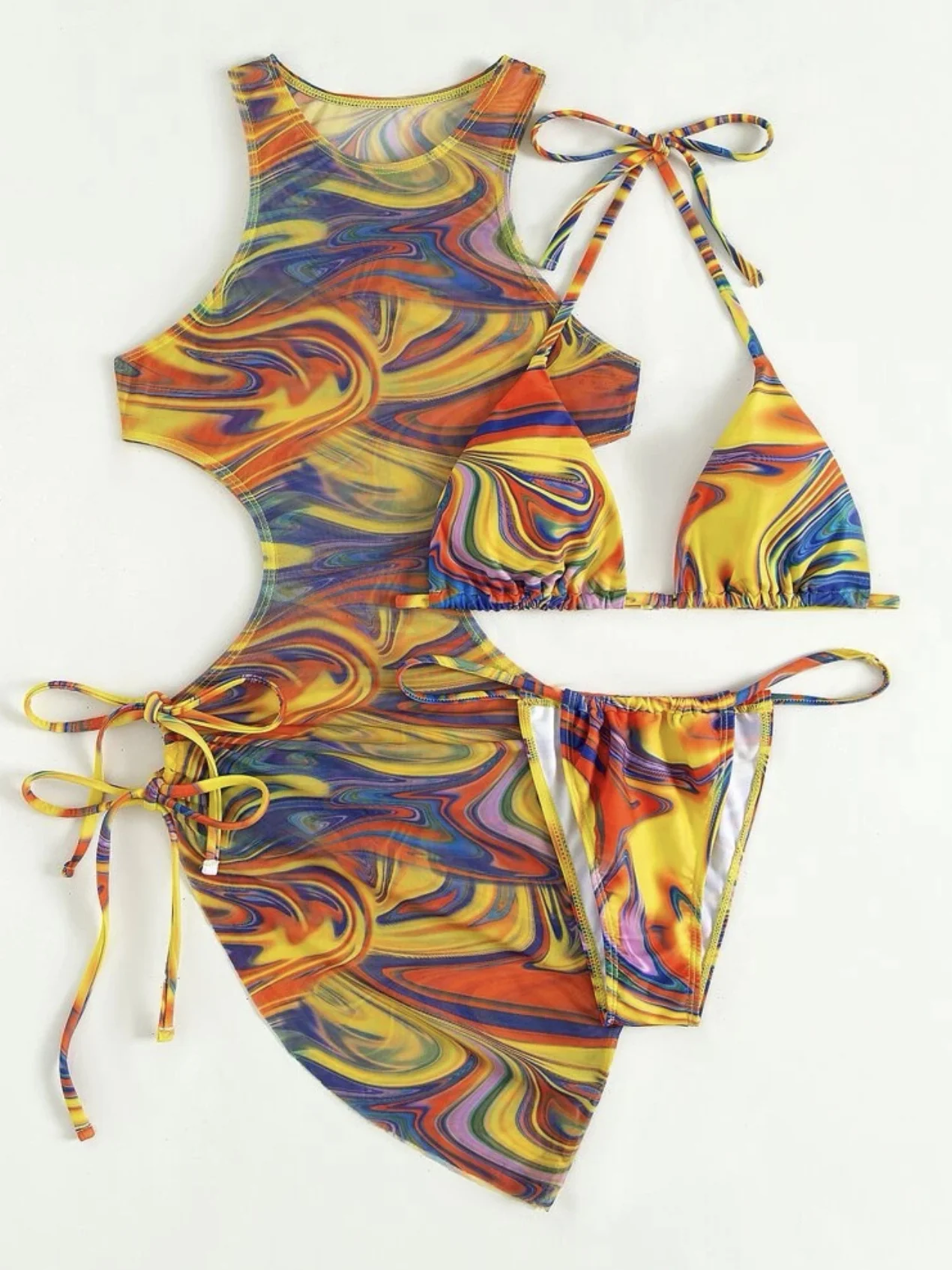 Hollow-out Drawstring Swimsuit Bikini Beach Cover-up Three-piece Set - Image 6