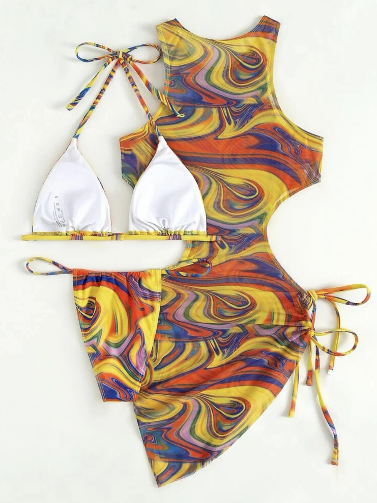 Hollow-out Drawstring Swimsuit Bikini Beach Cover-up Three-piece Set - Image 7