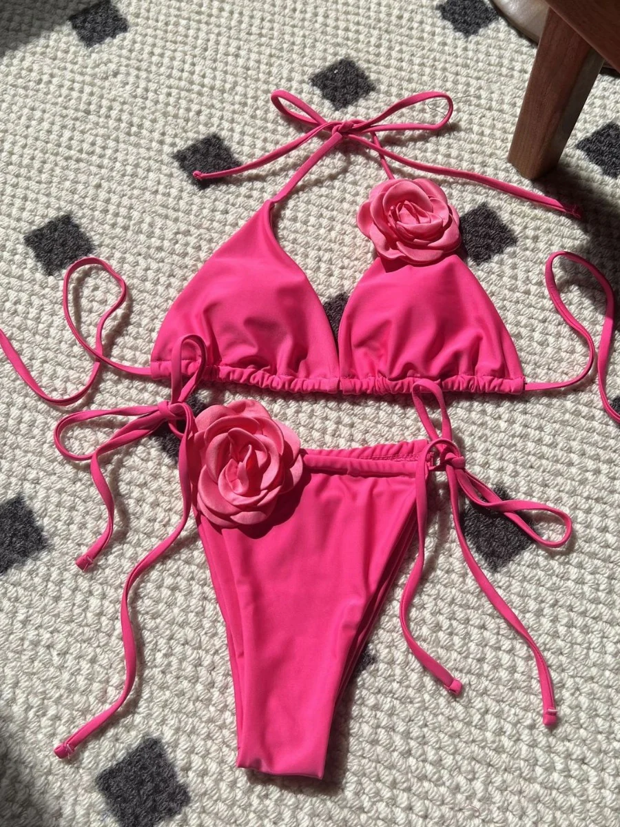 Solid Color Rose Drawstring Two-piece Swimsuit Bikini - Image 12