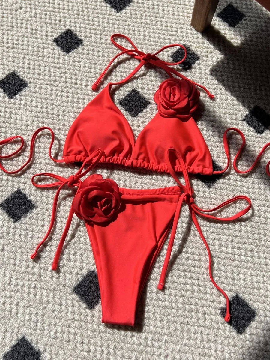 Solid Color Rose Drawstring Two-piece Swimsuit Bikini - Image 7