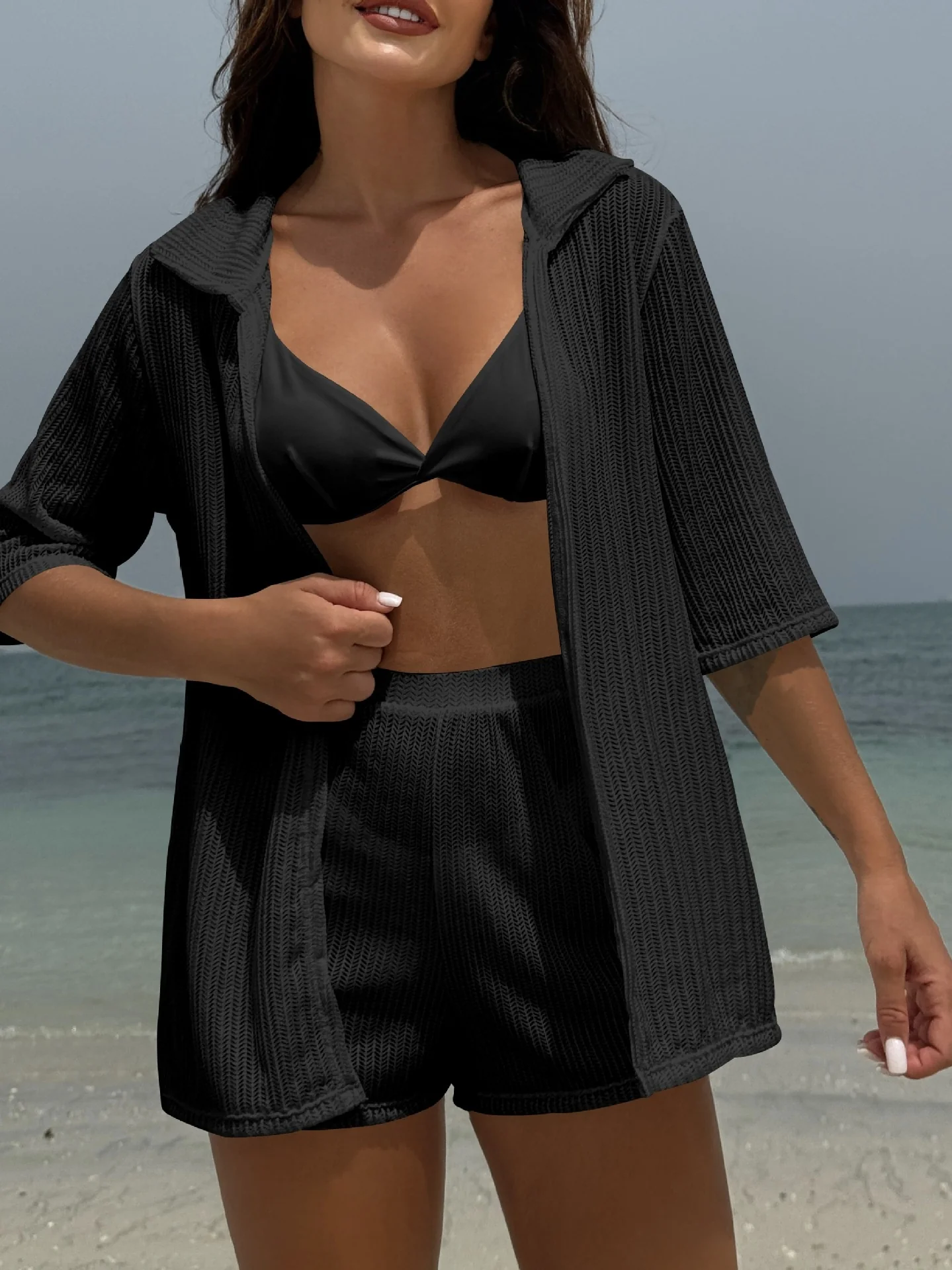 Beach Sun Protection Mesh Shirt, Shorts, Bikini Four-piece Set - Image 10