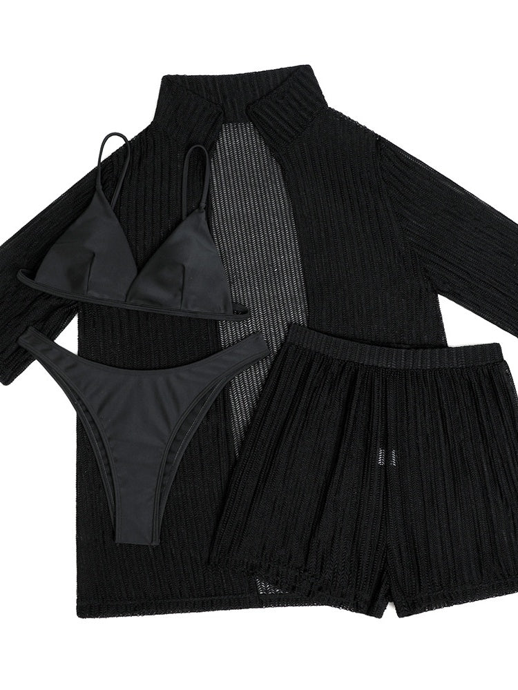 Beach Sun Protection Mesh Shirt, Shorts, Bikini Four-piece Set - Image 11
