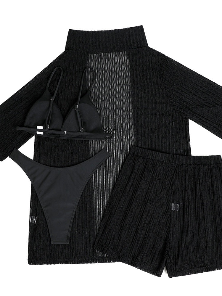 Beach Sun Protection Mesh Shirt, Shorts, Bikini Four-piece Set - Image 12