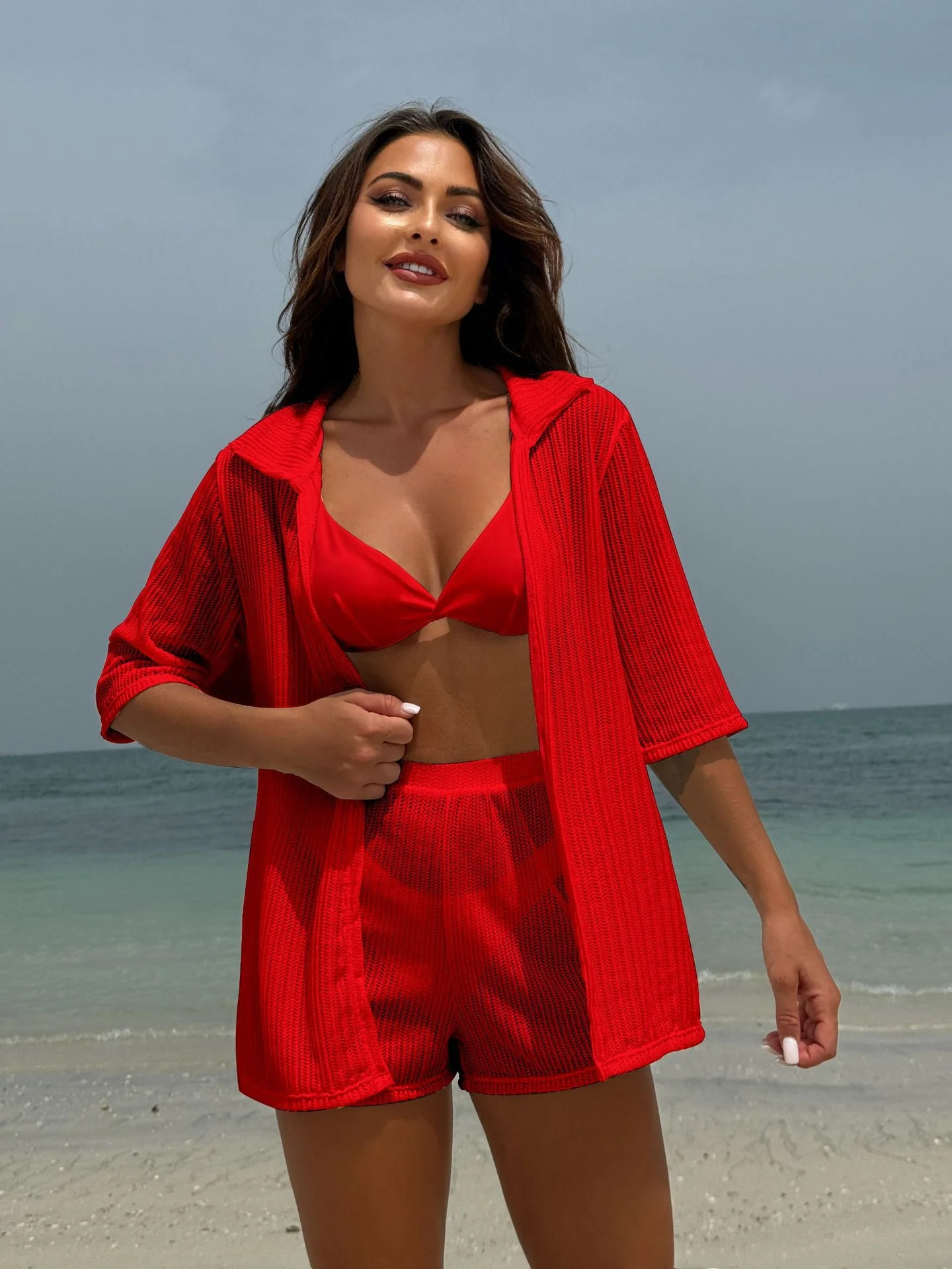 Beach Sun Protection Mesh Shirt, Shorts, Bikini Four-piece Set - Image 14