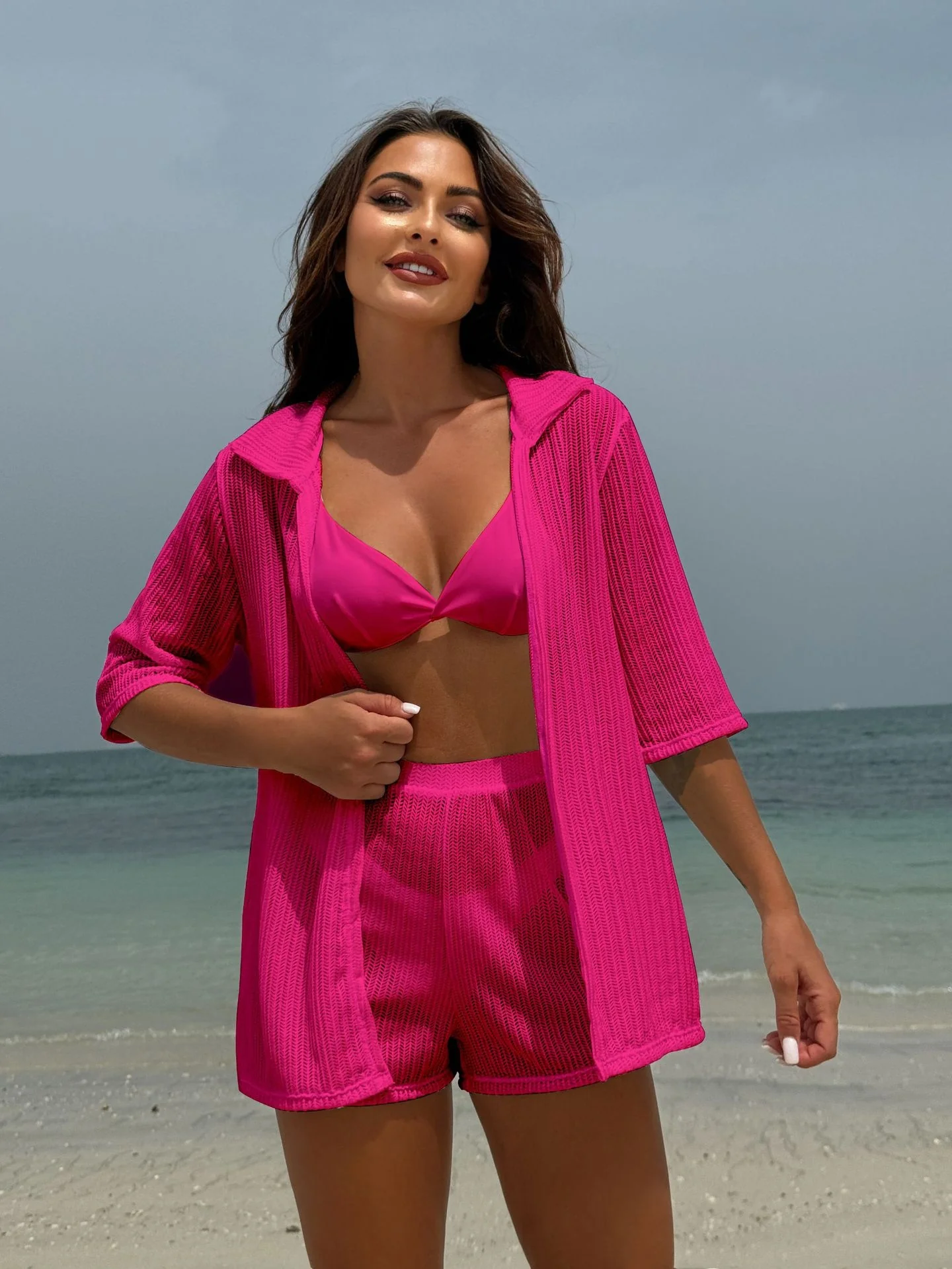 Beach Sun Protection Mesh Shirt, Shorts, Bikini Four-piece Set - Image 16