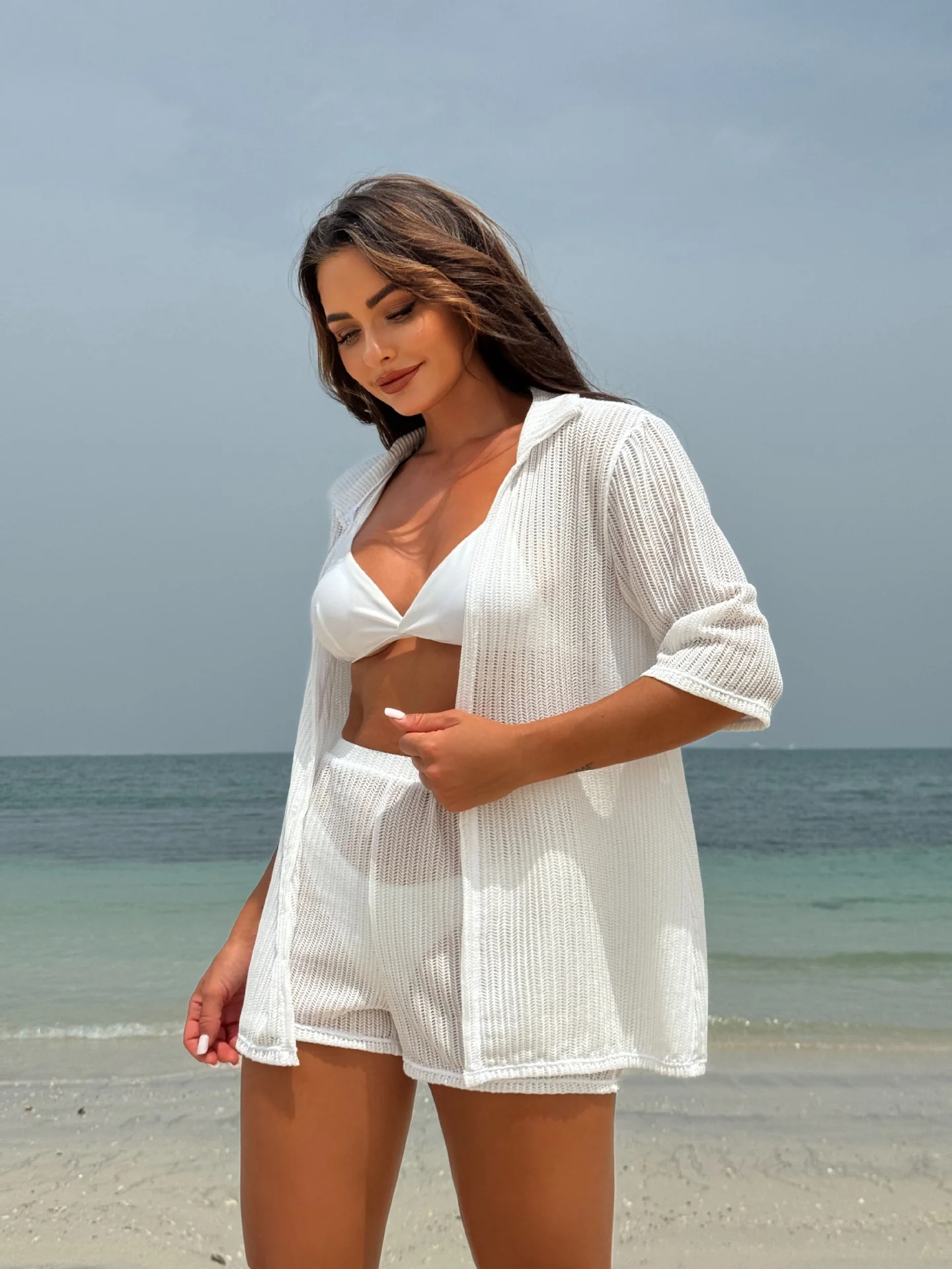 Beach Sun Protection Mesh Shirt, Shorts, Bikini Four-piece Set - Image 4