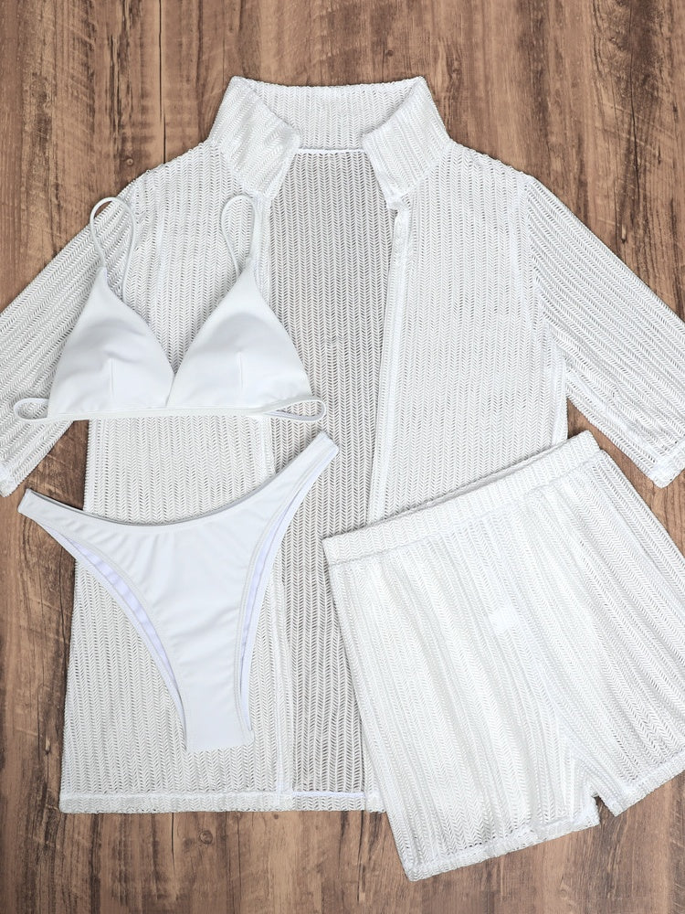 Beach Sun Protection Mesh Shirt, Shorts, Bikini Four-piece Set - Image 5