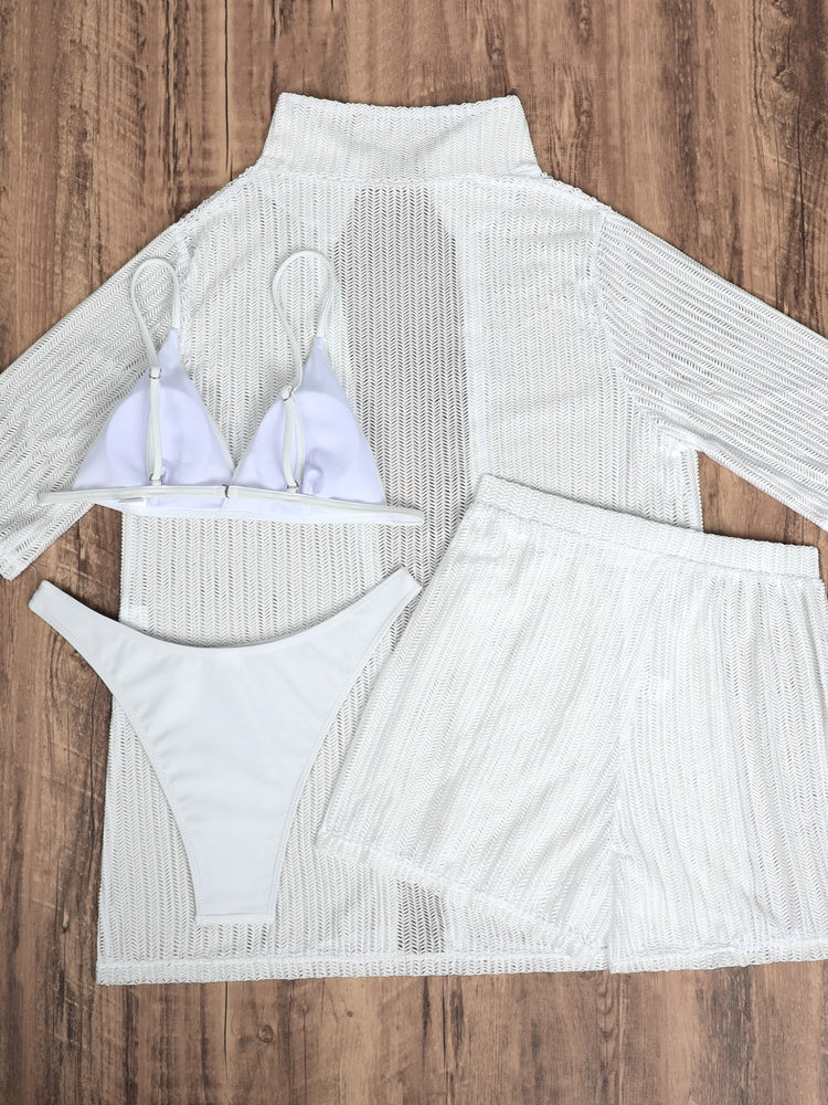 Beach Sun Protection Mesh Shirt, Shorts, Bikini Four-piece Set - Image 6