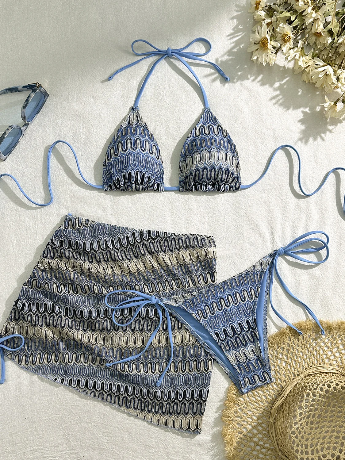 Embroidery Gradient Pattern 3 Piece Bikinis - Image 3