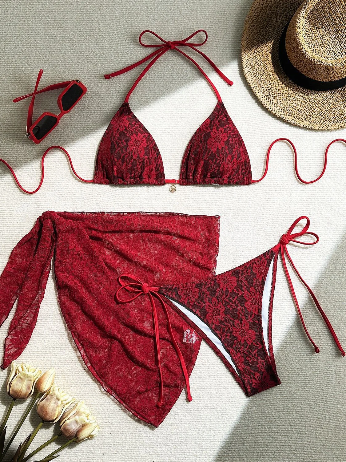 Lace Mesh Mini Skirt Swimsuit Bikini Three-Piece Set - Image 11