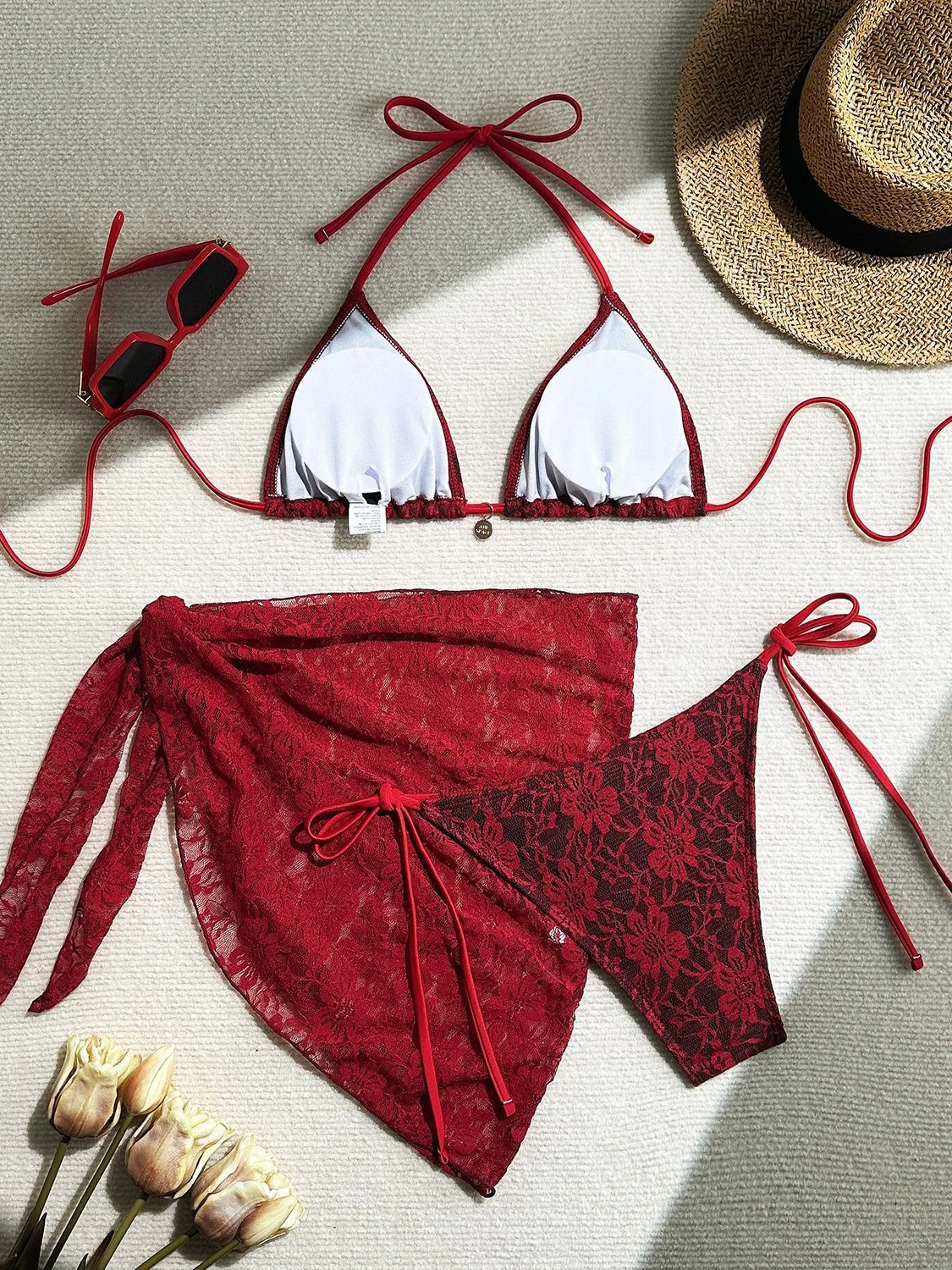 Lace Mesh Mini Skirt Swimsuit Bikini Three-Piece Set - Image 12