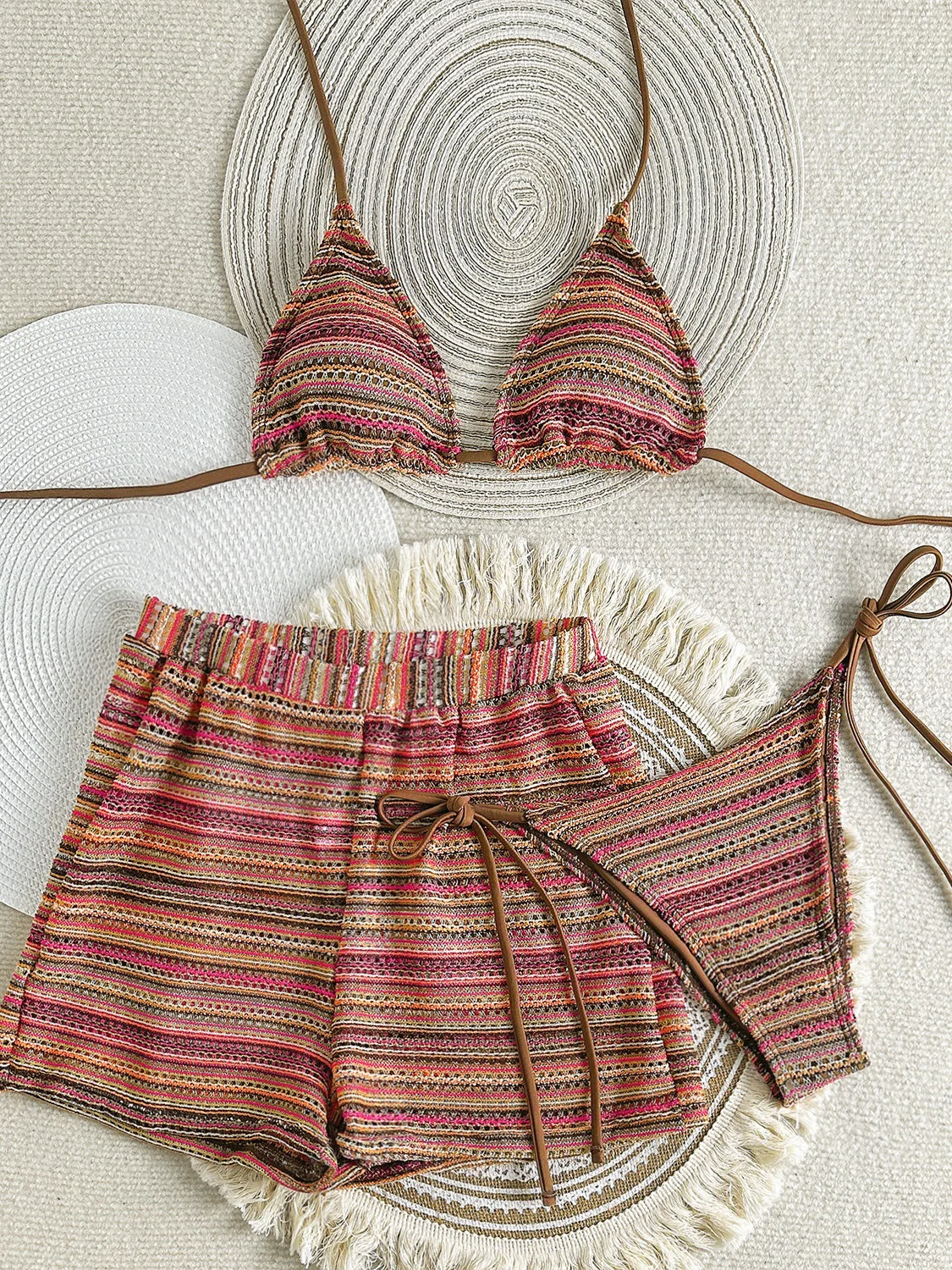 Knitted Color-blocked Beach Shorts Halter Bikini Three-piece Set - Image 6