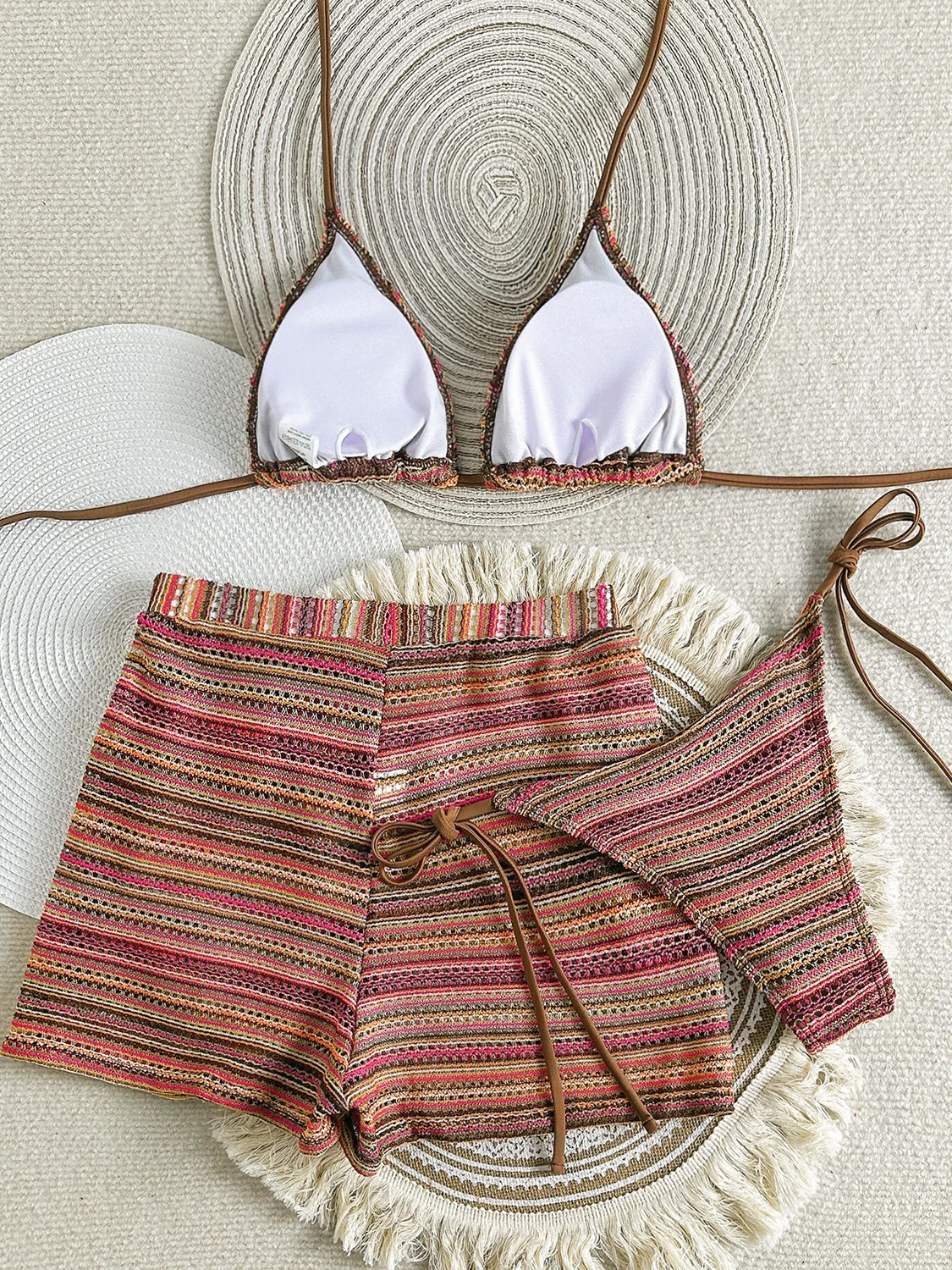 Knitted Color-blocked Beach Shorts Halter Bikini Three-piece Set - Image 7