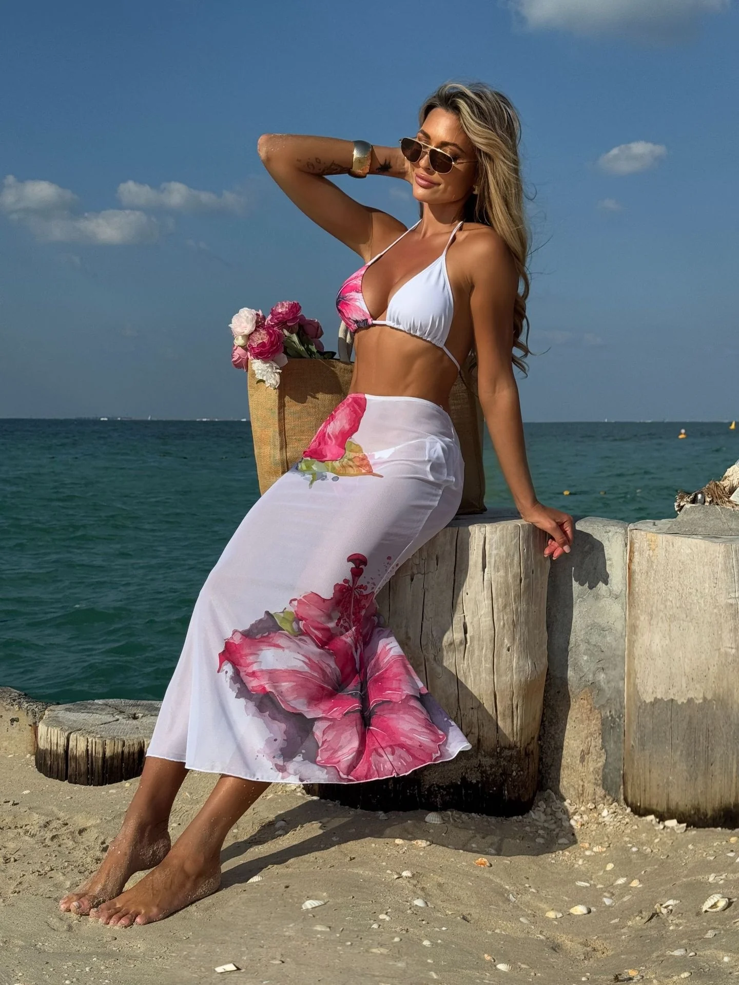 Large Floral Print Bikini Mesh Maxi Dress Three-piece Set