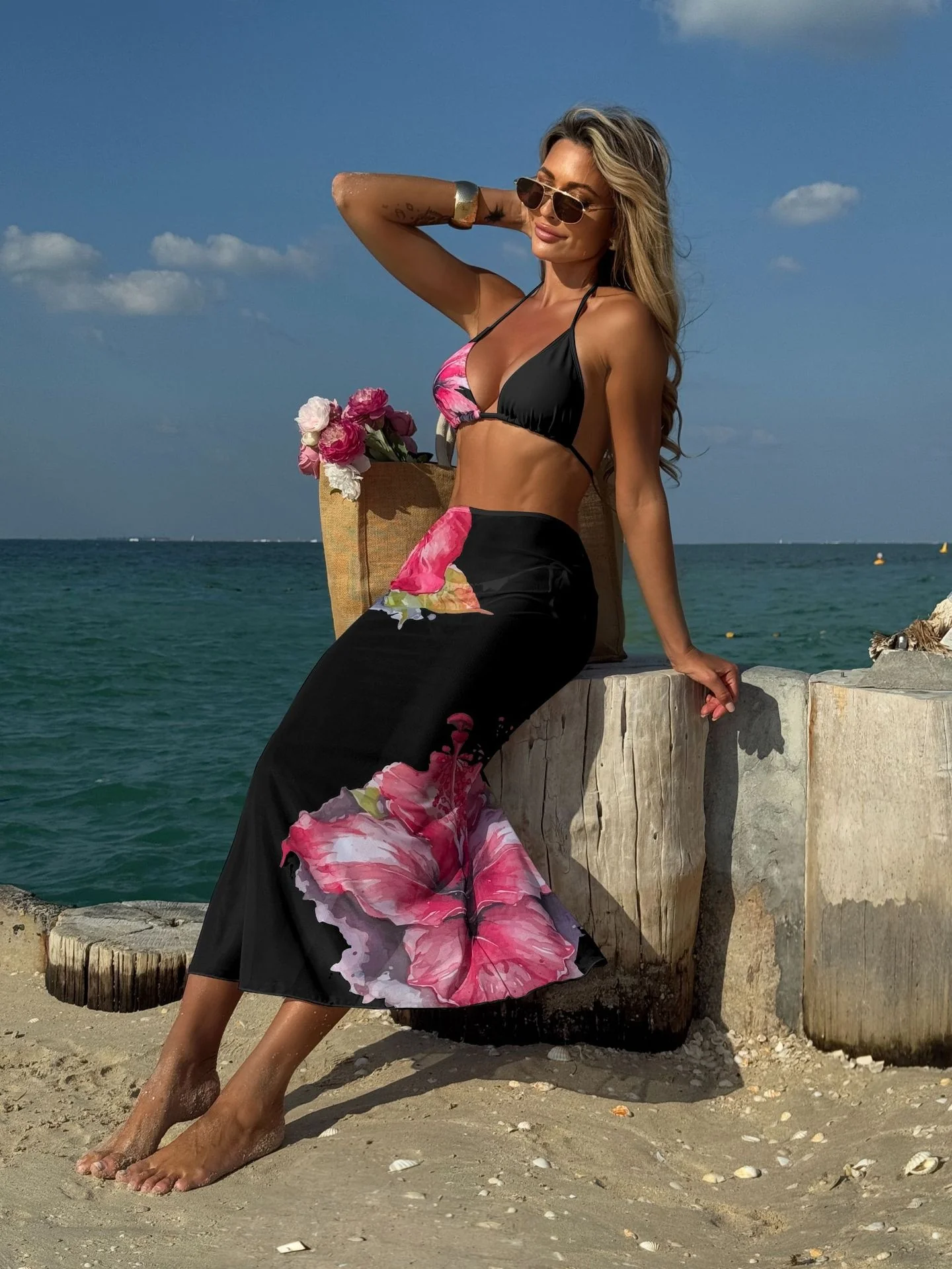 Large Floral Print Bikini Mesh Maxi Dress Three-piece Set - Image 11