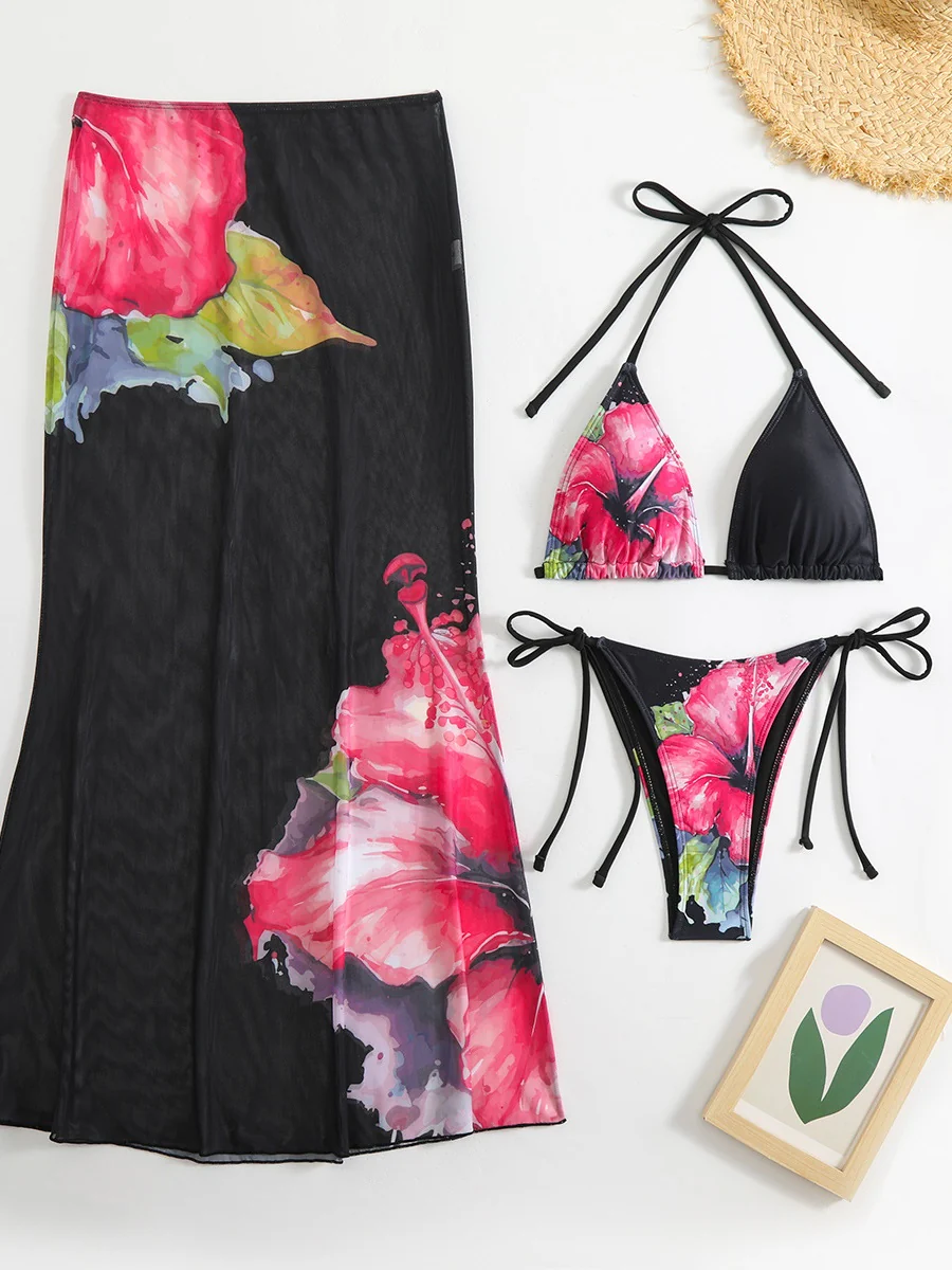 Large Floral Print Bikini Mesh Maxi Dress Three-piece Set - Image 12