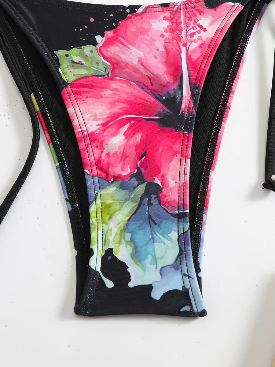 Large Floral Print Bikini Mesh Maxi Dress Three-piece Set - Image 14