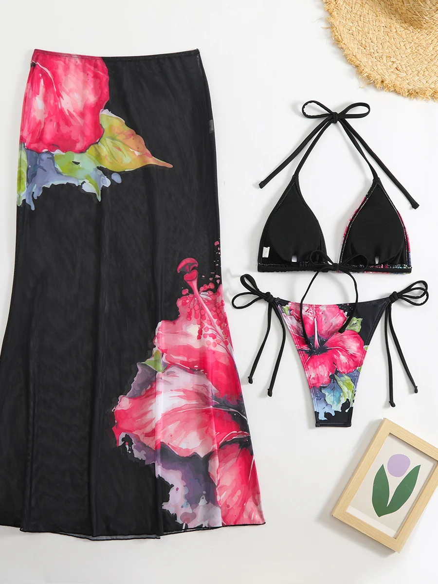 Large Floral Print Bikini Mesh Maxi Dress Three-piece Set - Image 15