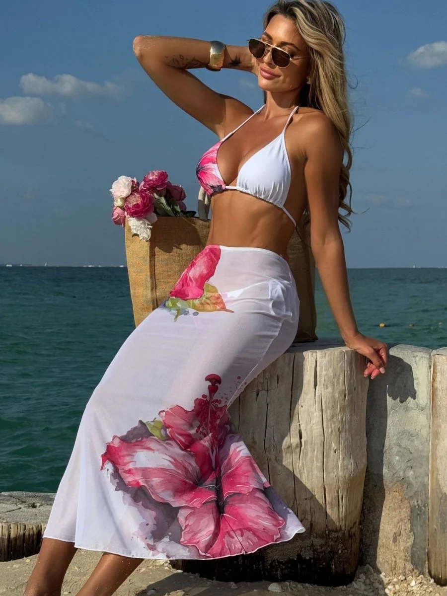 Large Floral Print Bikini Mesh Maxi Dress Three-piece Set - Image 4