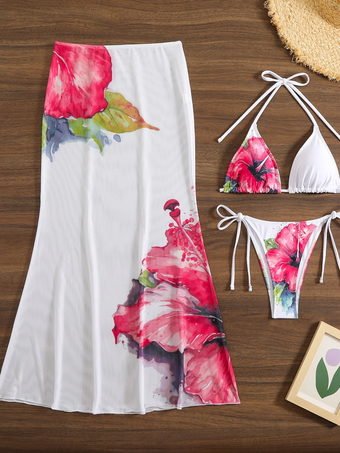 Large Floral Print Bikini Mesh Maxi Dress Three-piece Set - Image 6