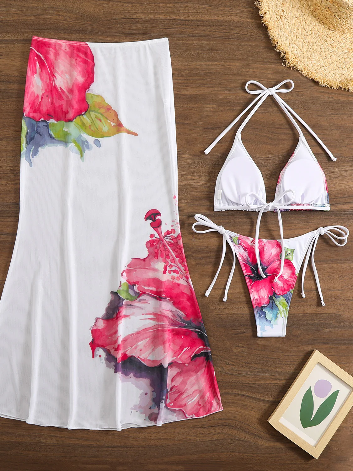 Large Floral Print Bikini Mesh Maxi Dress Three-piece Set - Image 9