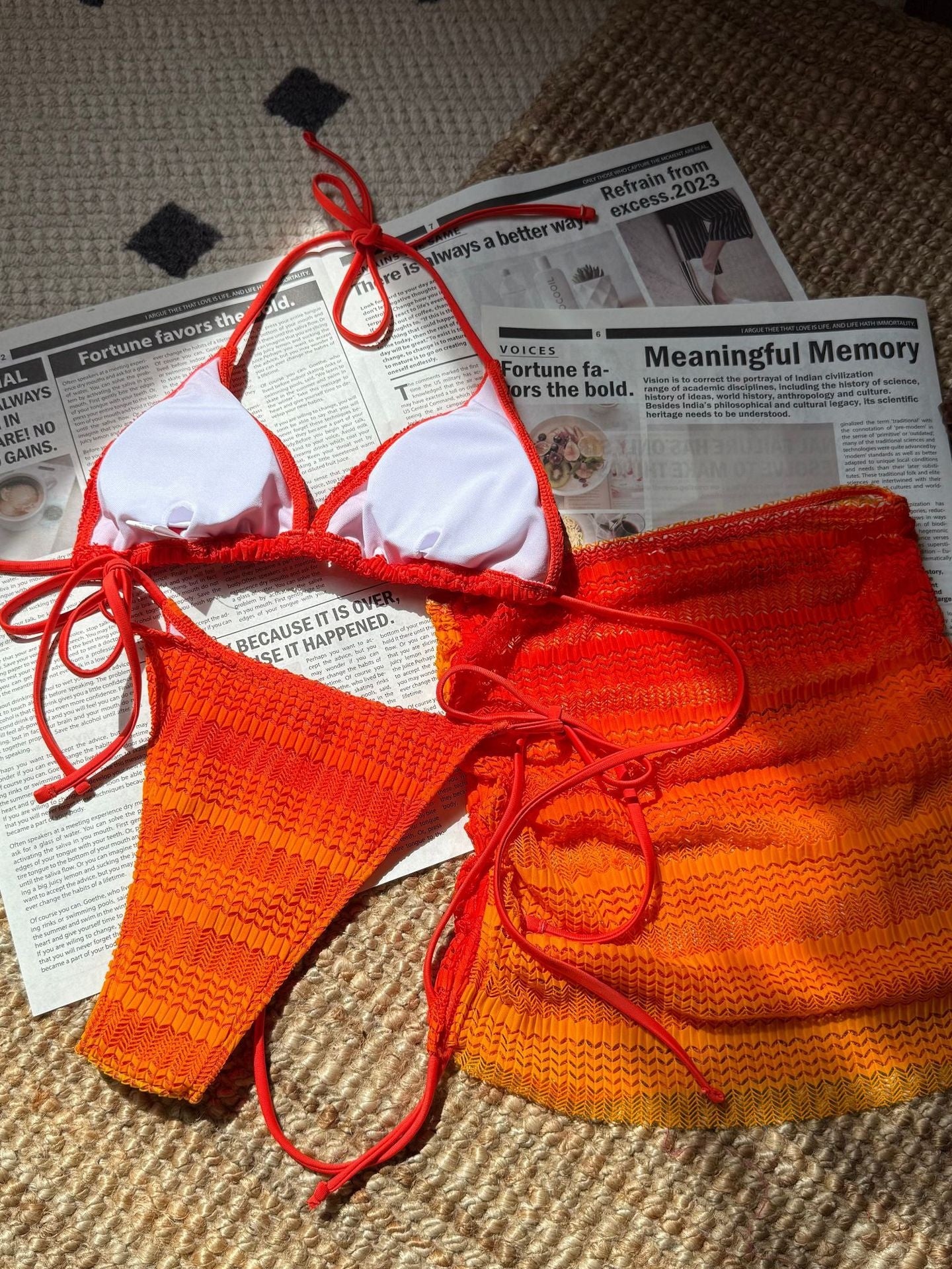 Gradient Mesh Color Blocking Bikini Beach Skirt Three-piece Set - Image 11