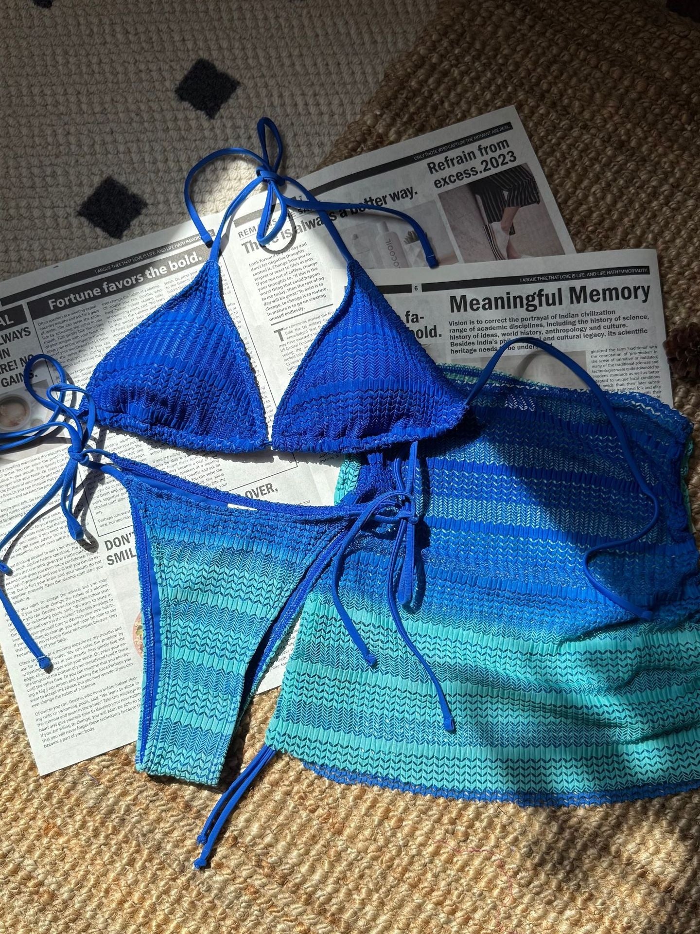Gradient Mesh Color Blocking Bikini Beach Skirt Three-piece Set - Image 13