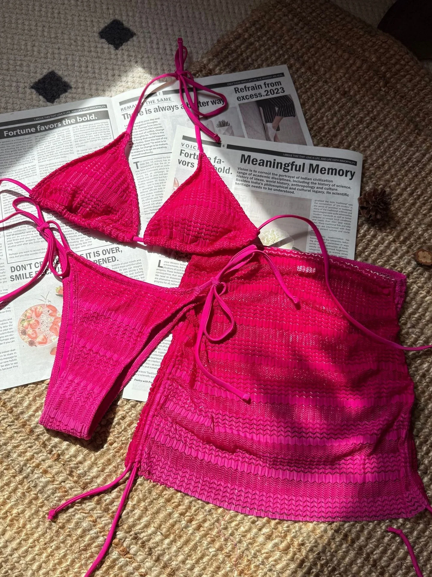 Gradient Mesh Color Blocking Bikini Beach Skirt Three-piece Set - Image 6