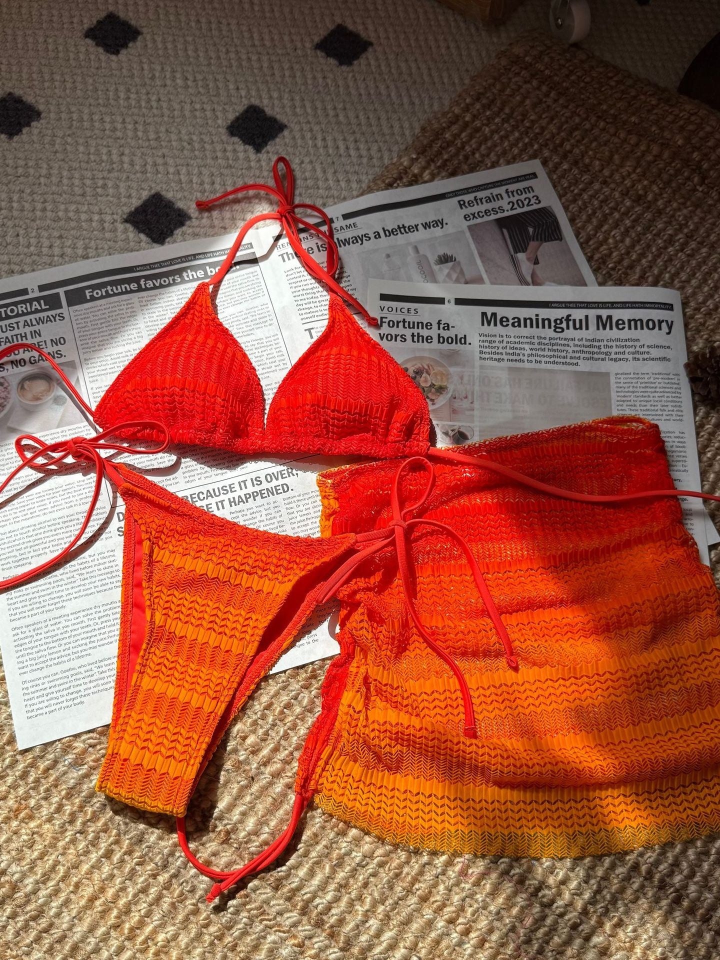 Gradient Mesh Color Blocking Bikini Beach Skirt Three-piece Set - Image 9