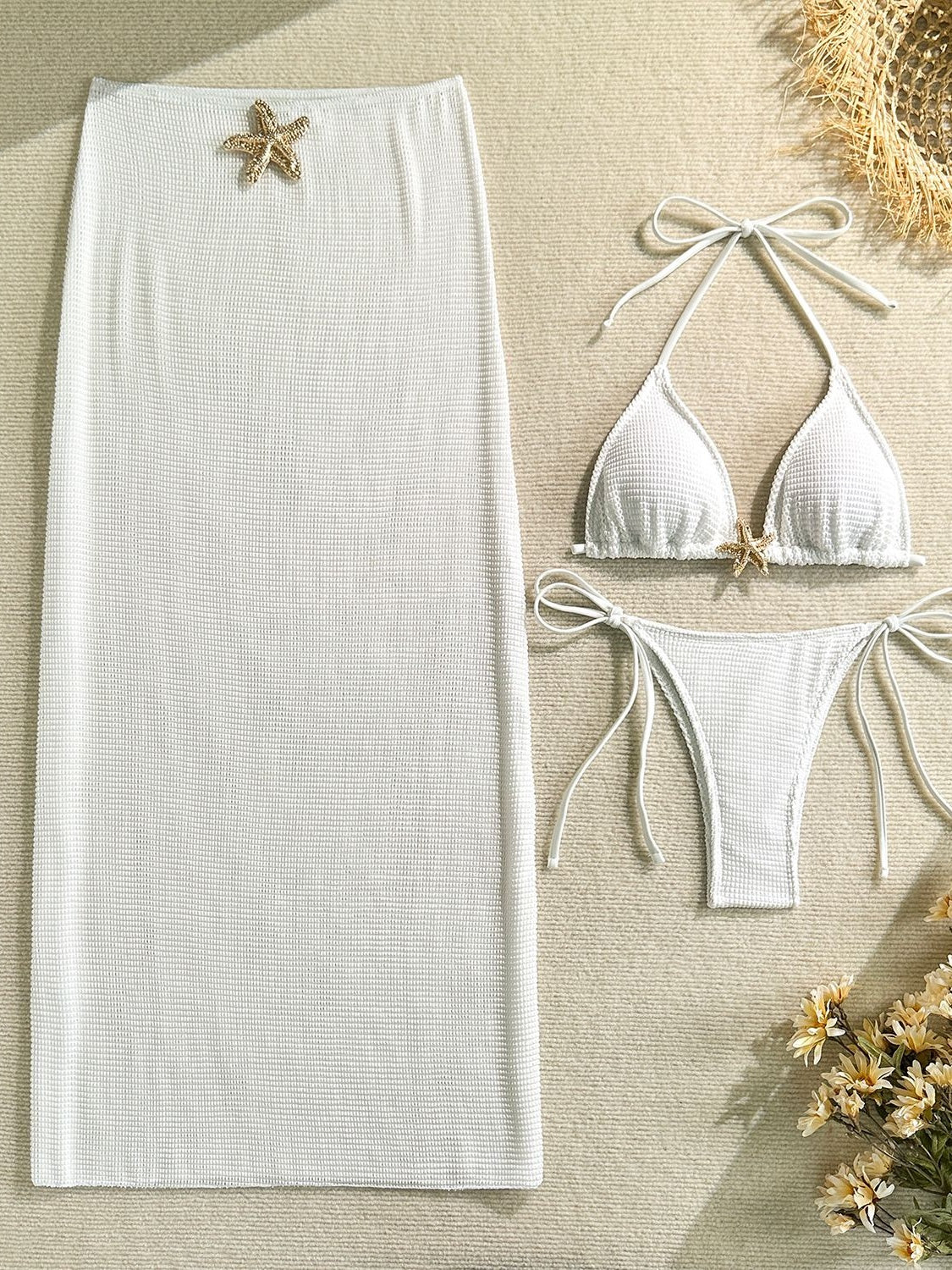 Solid Color Mesh Long Dress Starfish Swimsuit Bikini Three-piece Set - Image 12
