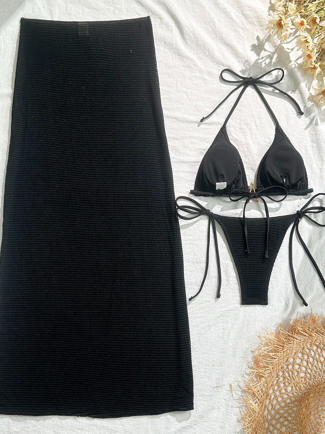 Solid Color Mesh Long Dress Starfish Swimsuit Bikini Three-piece Set - Image 24