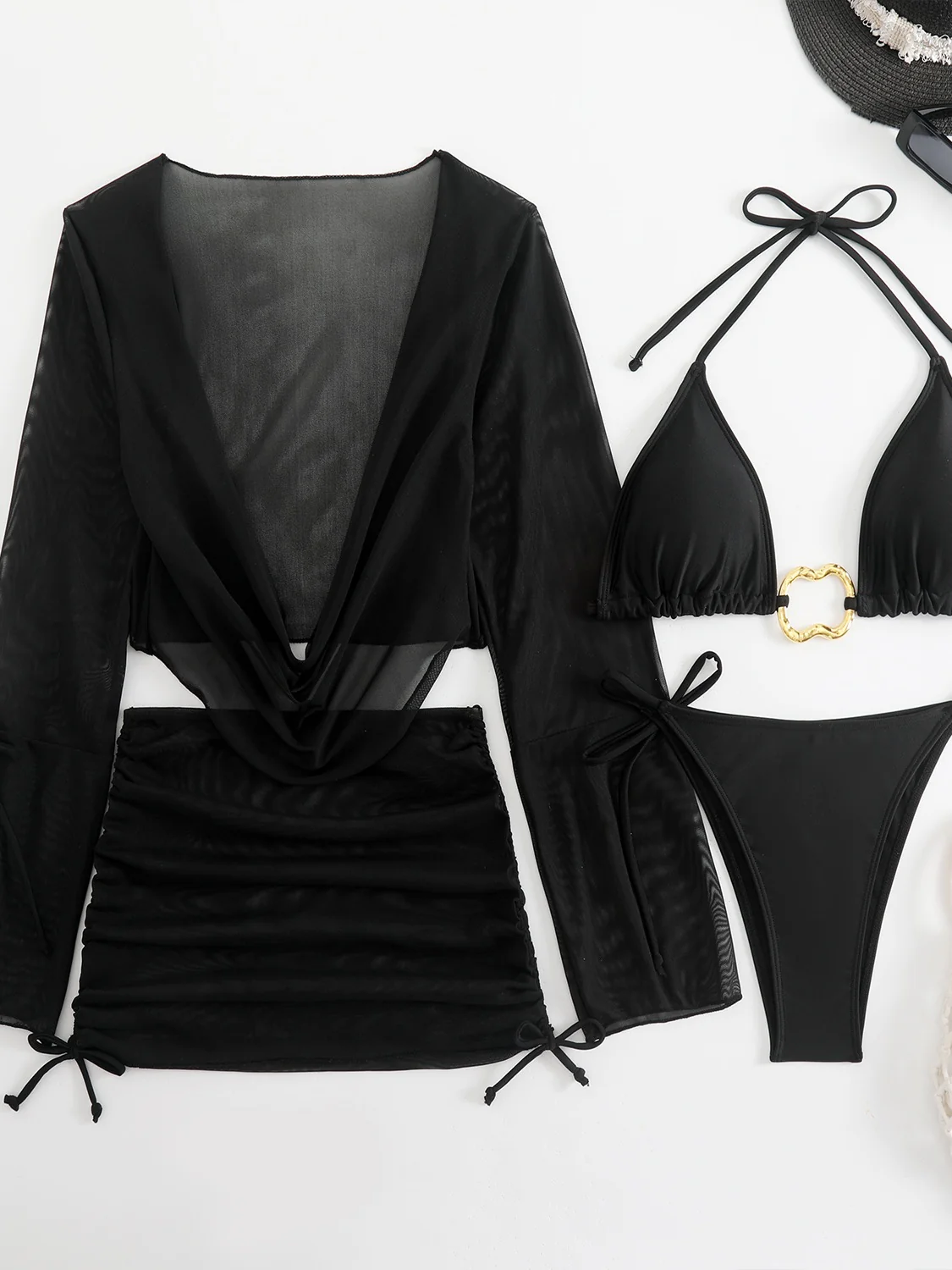 Metallic Accessories Solid Color Lace-up Mesh Cover-up Bikini Four-Piece Set - Image 8