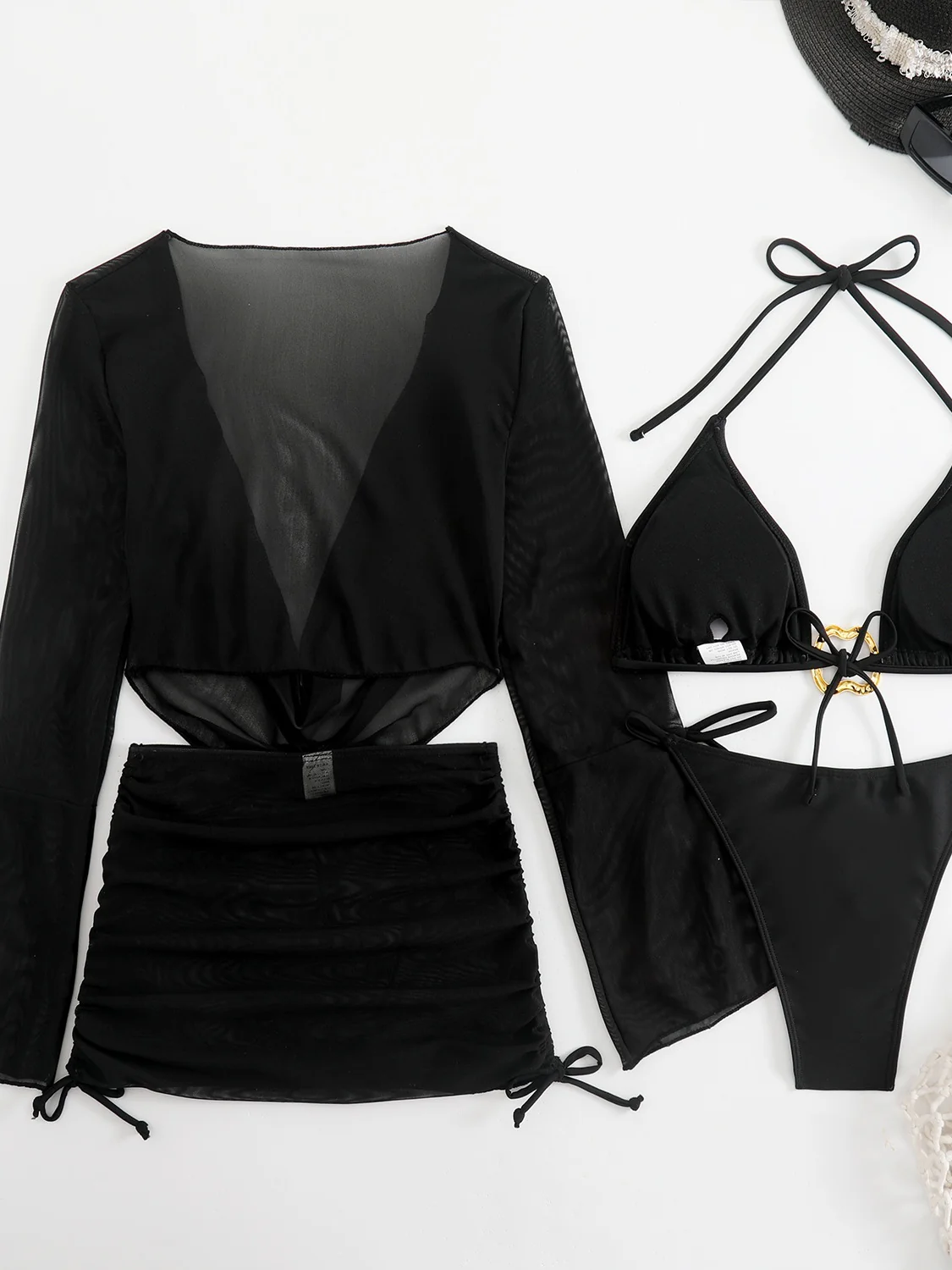 Metallic Accessories Solid Color Lace-up Mesh Cover-up Bikini Four-Piece Set - Image 9
