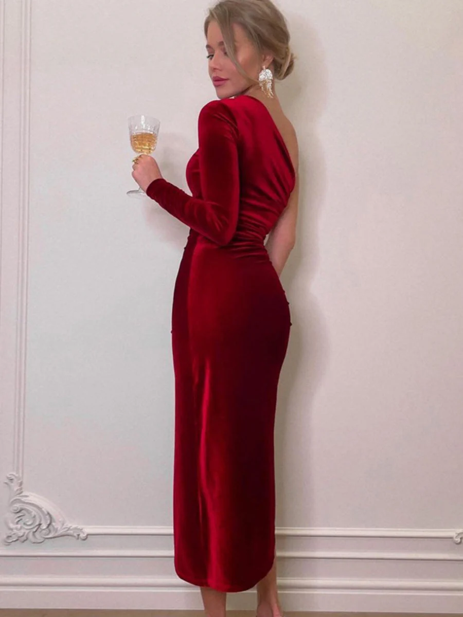 Oblique Shoulder Style Slit Tight Fit Cocktail Midi Dress - Image 2